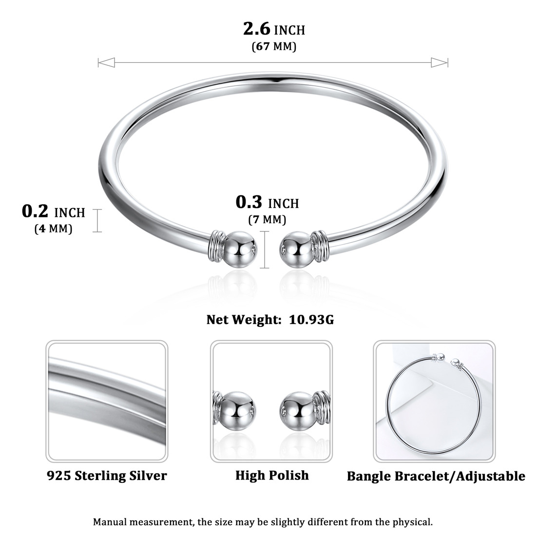 Sterling Silver ChicSilver Two Bead Cuff Simple Open Bangle Bracelet Details: Dimensions, Hypoallergenic, Bangle diameter: 2.6 inches(67mm); Ball diameter: 0.3 inch (7 mm); Wire diameter: 0.2 inch(4mm). 