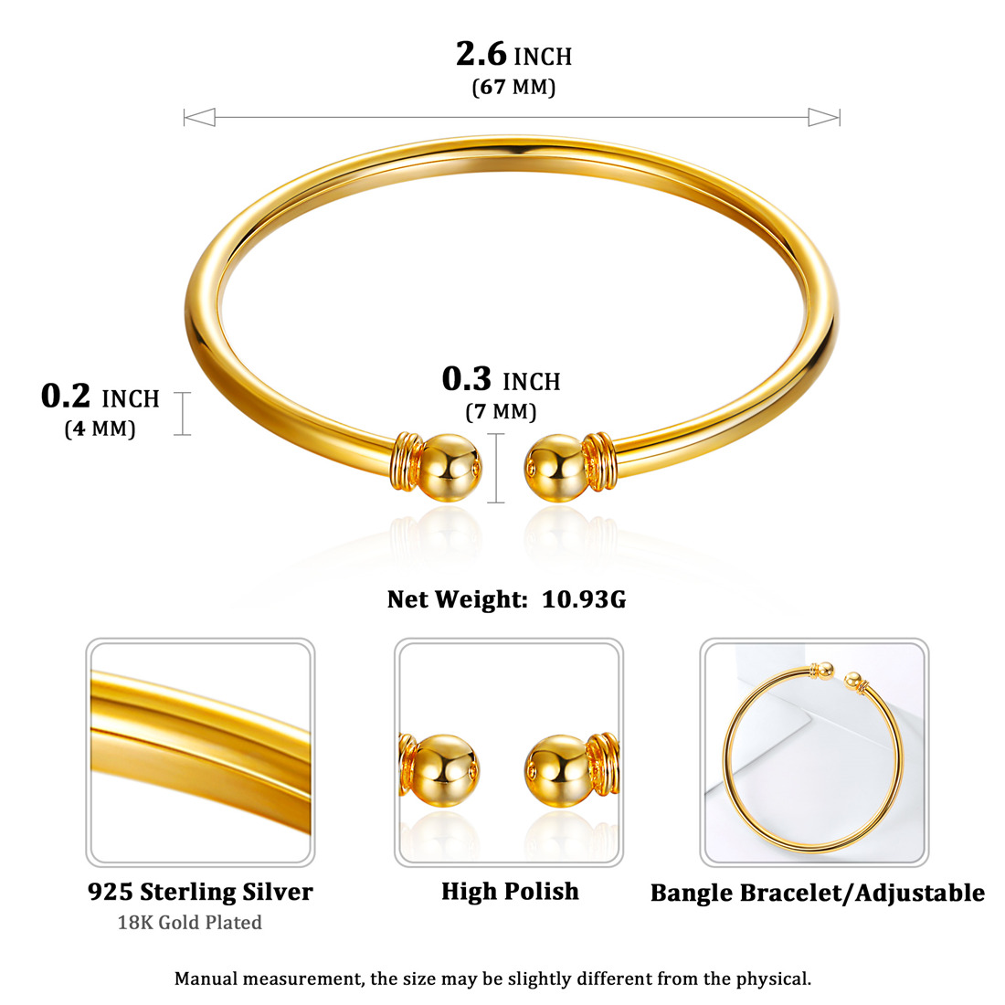 Sterling Silver ChicSilver Two Bead Cuff Simple Open Bangle Bracelet Details: Dimensions, Hypoallergenic, Bangle diameter: 2.6 inches(67mm); Ball diameter: 0.3 inch (7 mm); Wire diameter: 0.2 inch(4mm). 