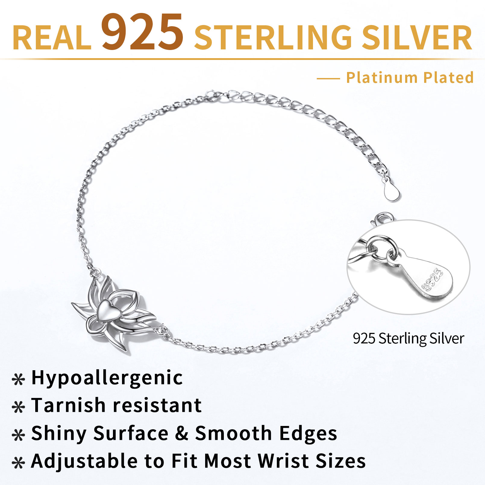 Sterling Silver Simple Classic Hollow Out Lotus Flower Bracelet