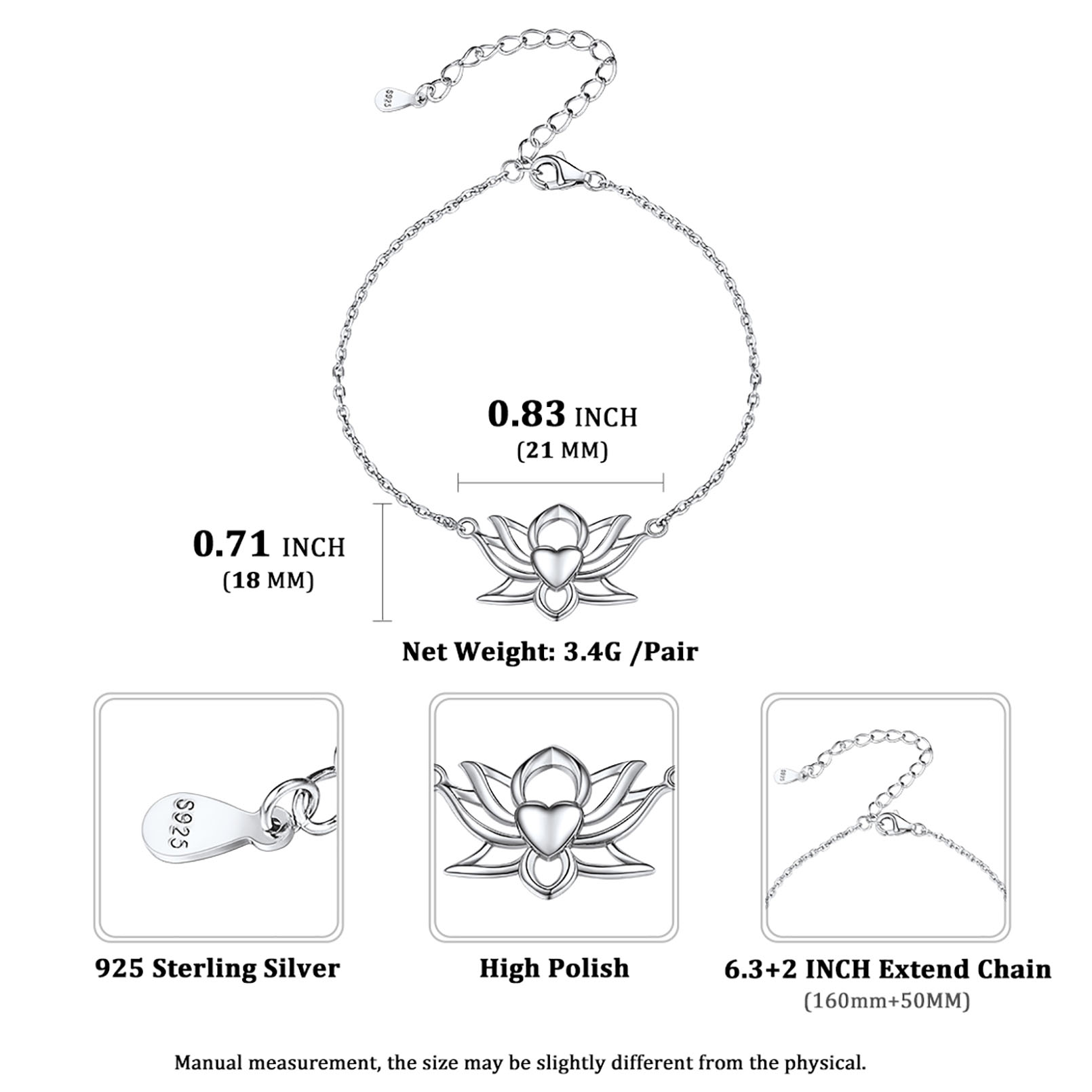 Simple Classic Hollow Out Lotus Flower Bracelet Details: Dimensions, Hypoallergenic, Lobster-Claw-Clasps