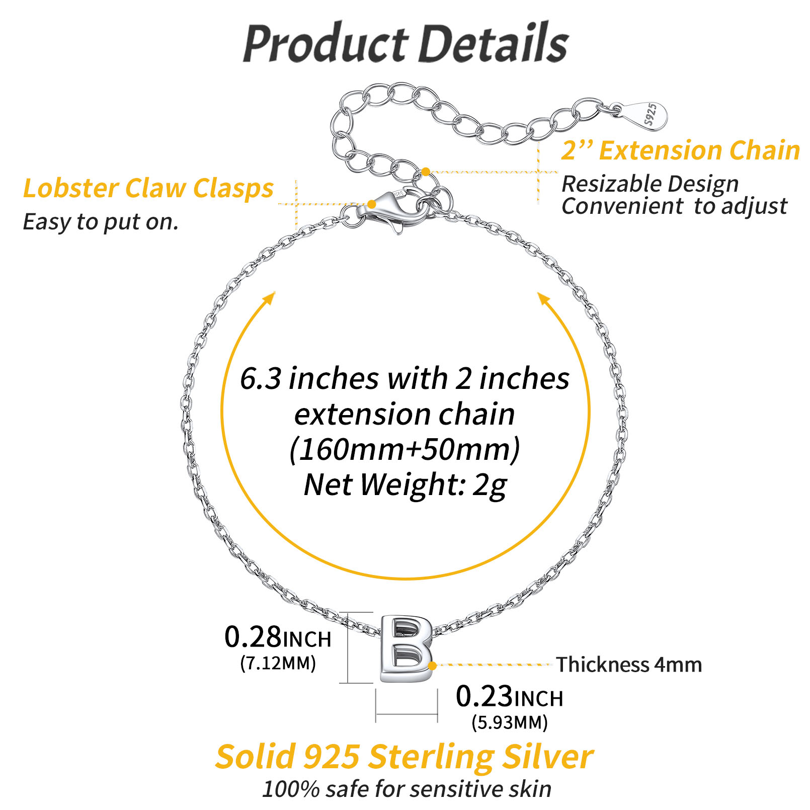 B-Minimalist Letter Dainty Initial Bracelets for Women, sterling silver jewlery, sterling silver bracelets, initial bracelet, gift idea,  A to Z  jewelry