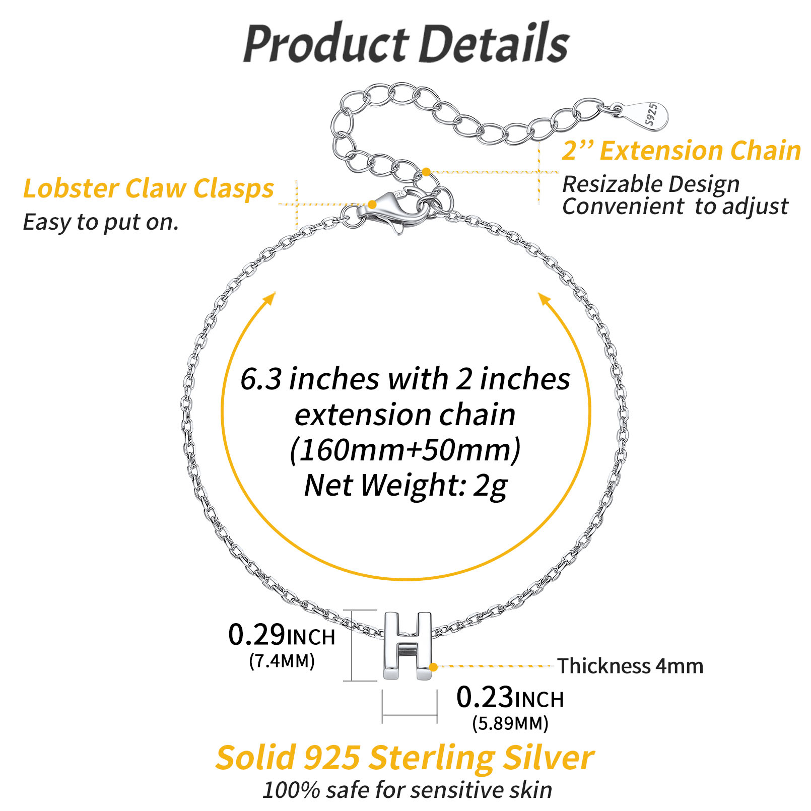 H-Minimalist Letter Dainty Initial Bracelets for Women, sterling silver jewlery, sterling silver bracelets, initial bracelet, gift idea,  A to Z  jewelry