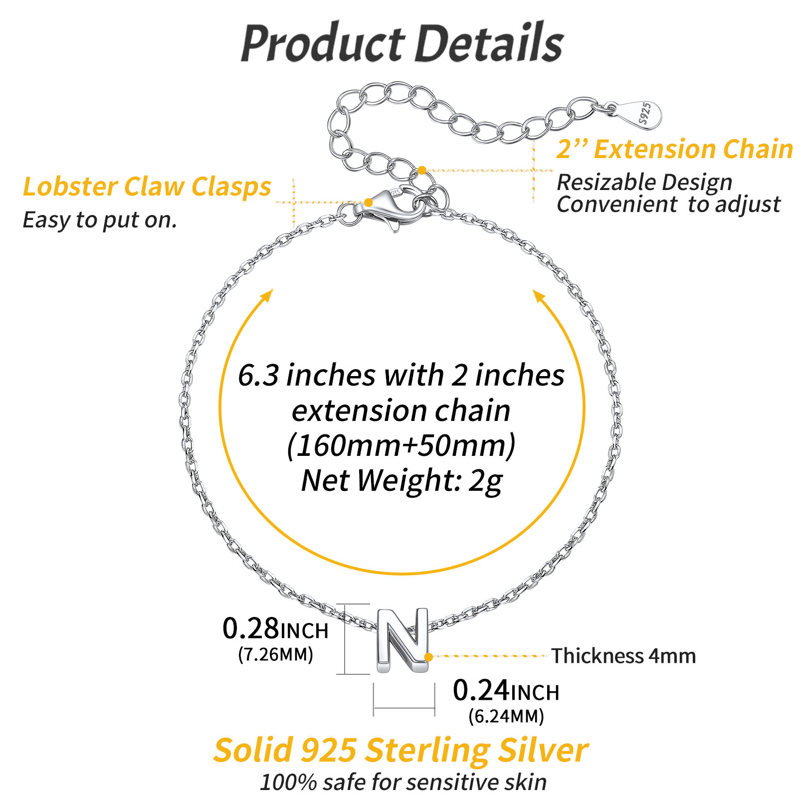 N-Minimalist Letter Dainty Initial Bracelets for Women, sterling silver jewlery, sterling silver bracelets, initial bracelet, gift idea,  A to Z  jewelry