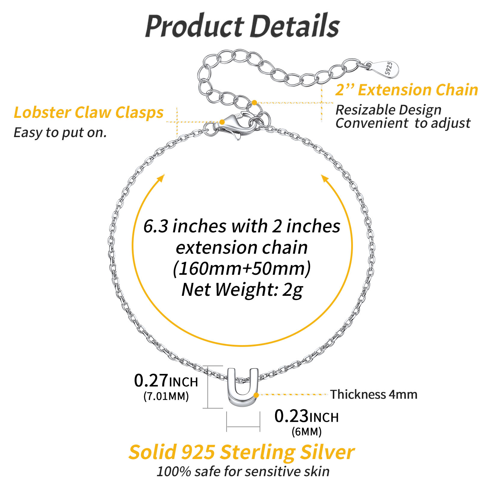 U-Minimalist Letter Dainty Initial Bracelets for Women, sterling silver jewlery, sterling silver bracelets, initial bracelet, gift idea,  A to Z  jewelry