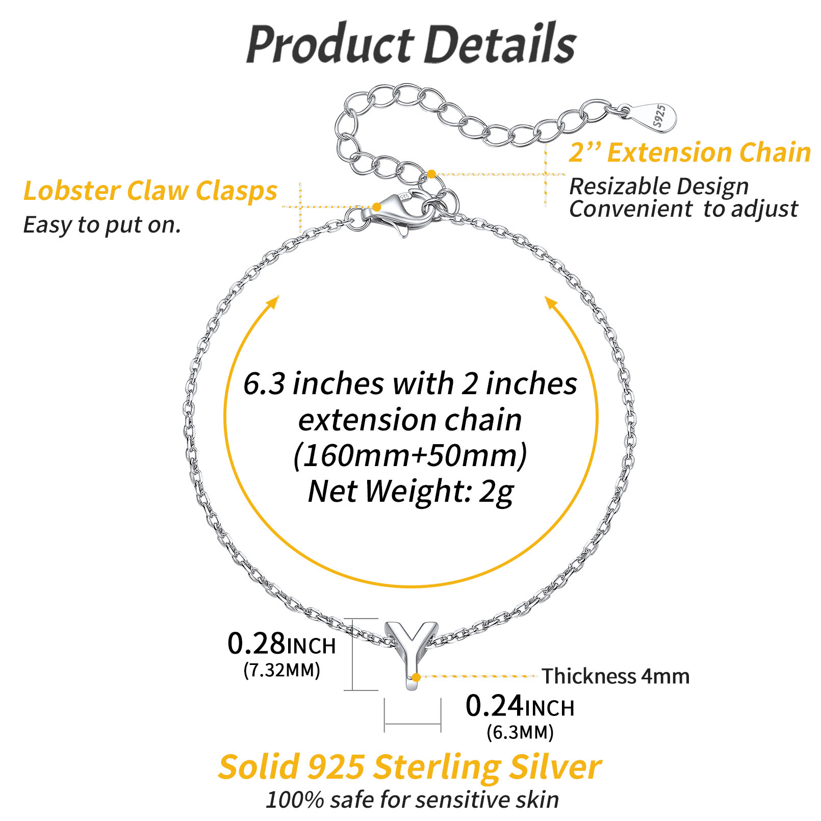 Y-Minimalist Letter Dainty Initial Bracelets for Women, sterling silver jewlery, sterling silver bracelets, initial bracelet, gift idea,  A to Z  jewelry