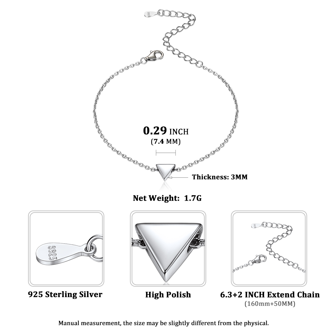Modern Geometric Charm Triangle Bracelet Details: Dimensions, Hypoallergenic, Lobster-Claw-Clasps