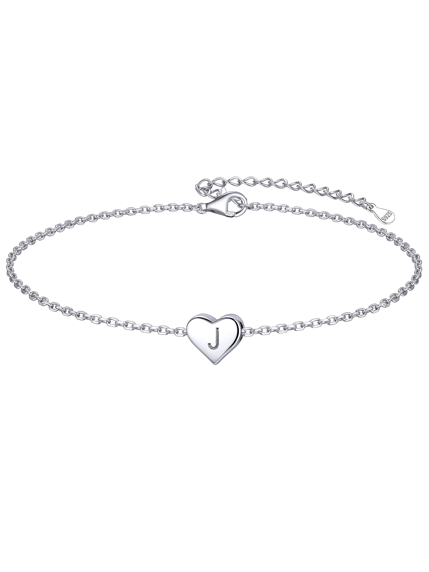 J-Small Heart & Dainty Initial Letter Bracelet for women, sterling silver jewlery, initial bracelet, gift idea, heart jewelry