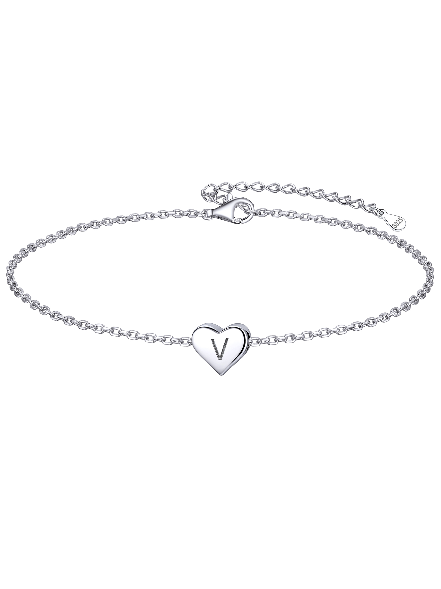 V-Small Heart & Dainty Initial Letter Bracelet for women, sterling silver jewlery, initial bracelet, gift idea, heart jewelry
