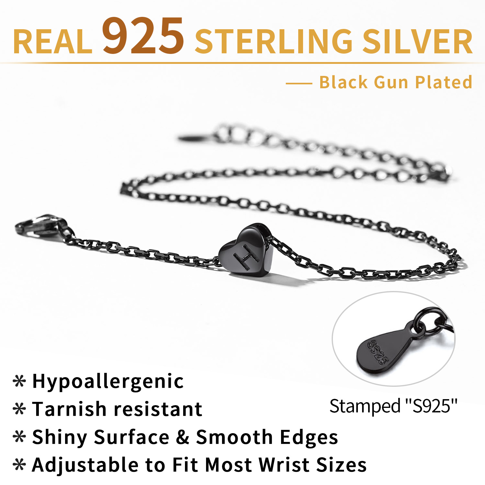 Sterling Silver Black Heart & Dainty Letter Bracelet