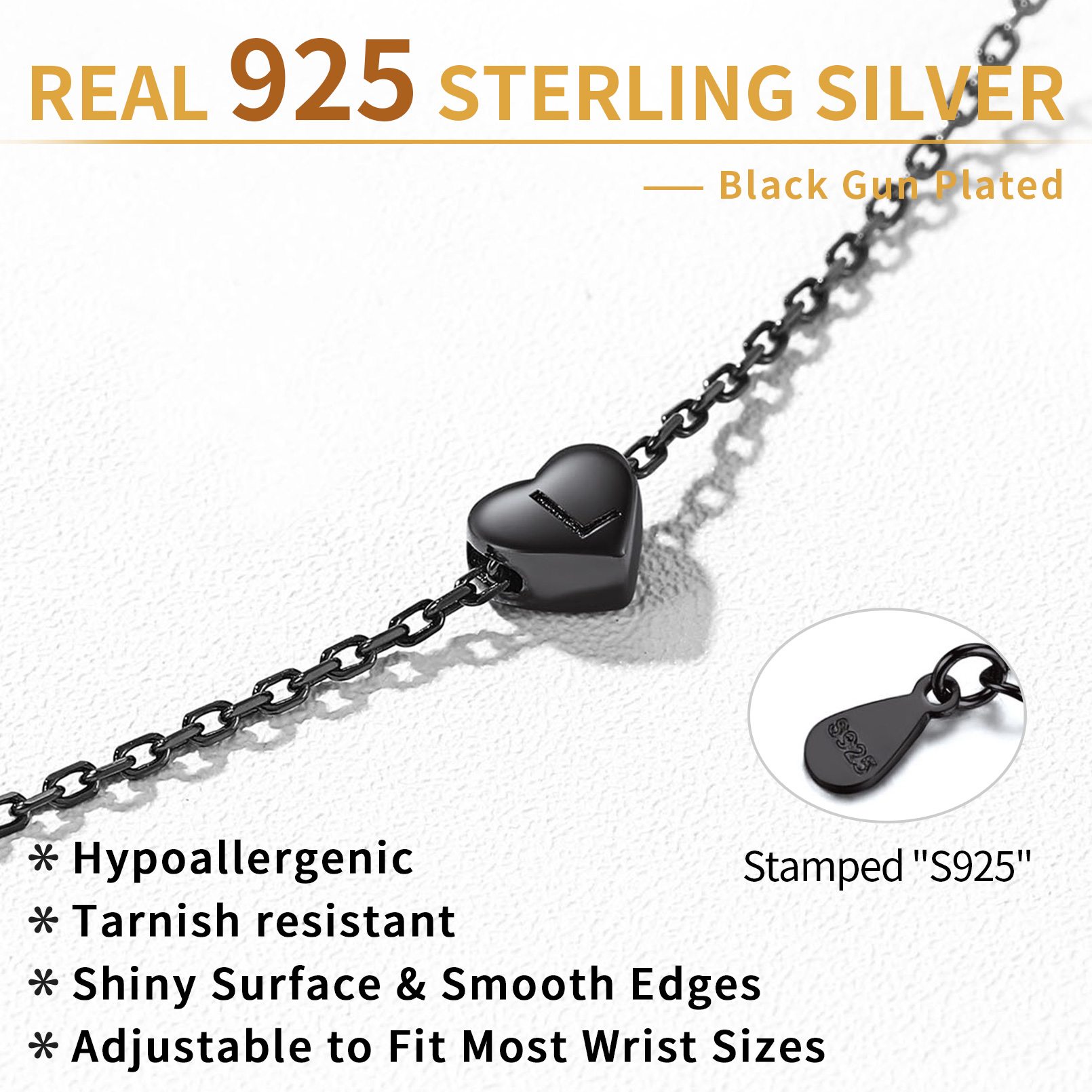 Sterling Silver Black Heart & Dainty Letter Bracelet