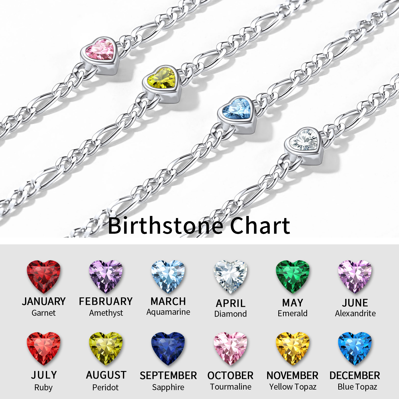 Heart Birthstone Figaro Chain Bracelet in Different Month Colors