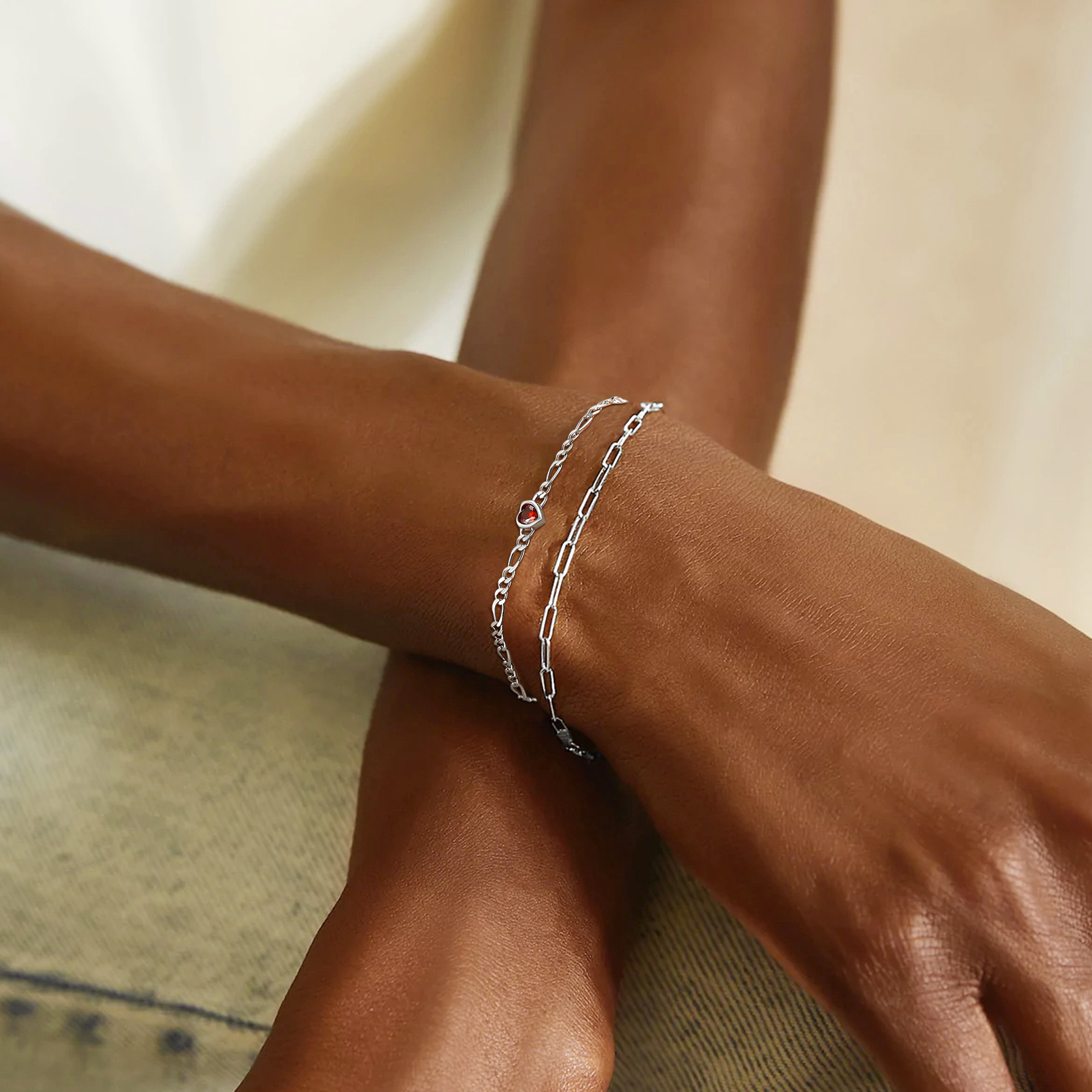 Heart Birthstone Figaro Chain Bracelet for Women, Ladies, Couples, girlfriend, wife