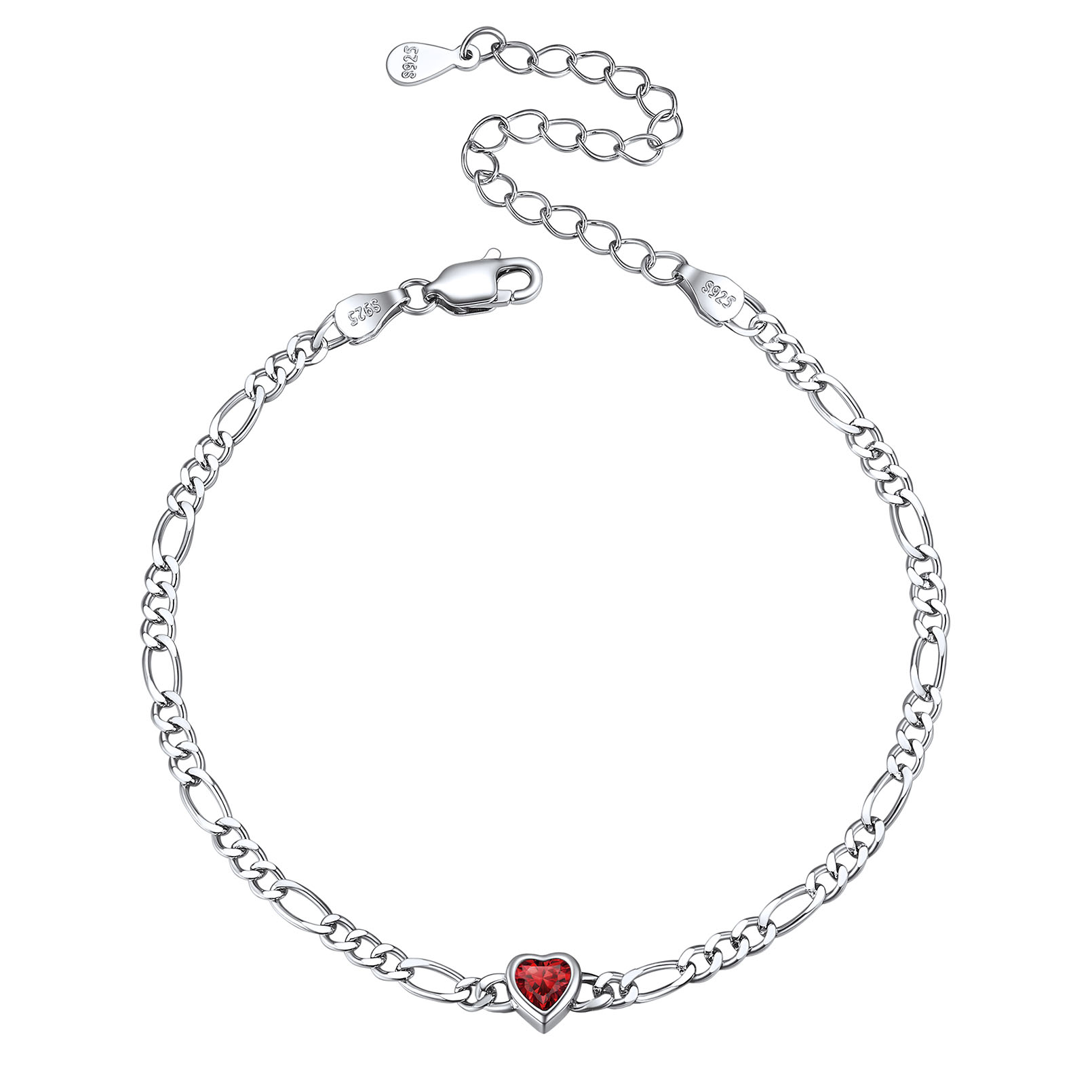 Heart Birthstone Figaro Chain Bracelet 