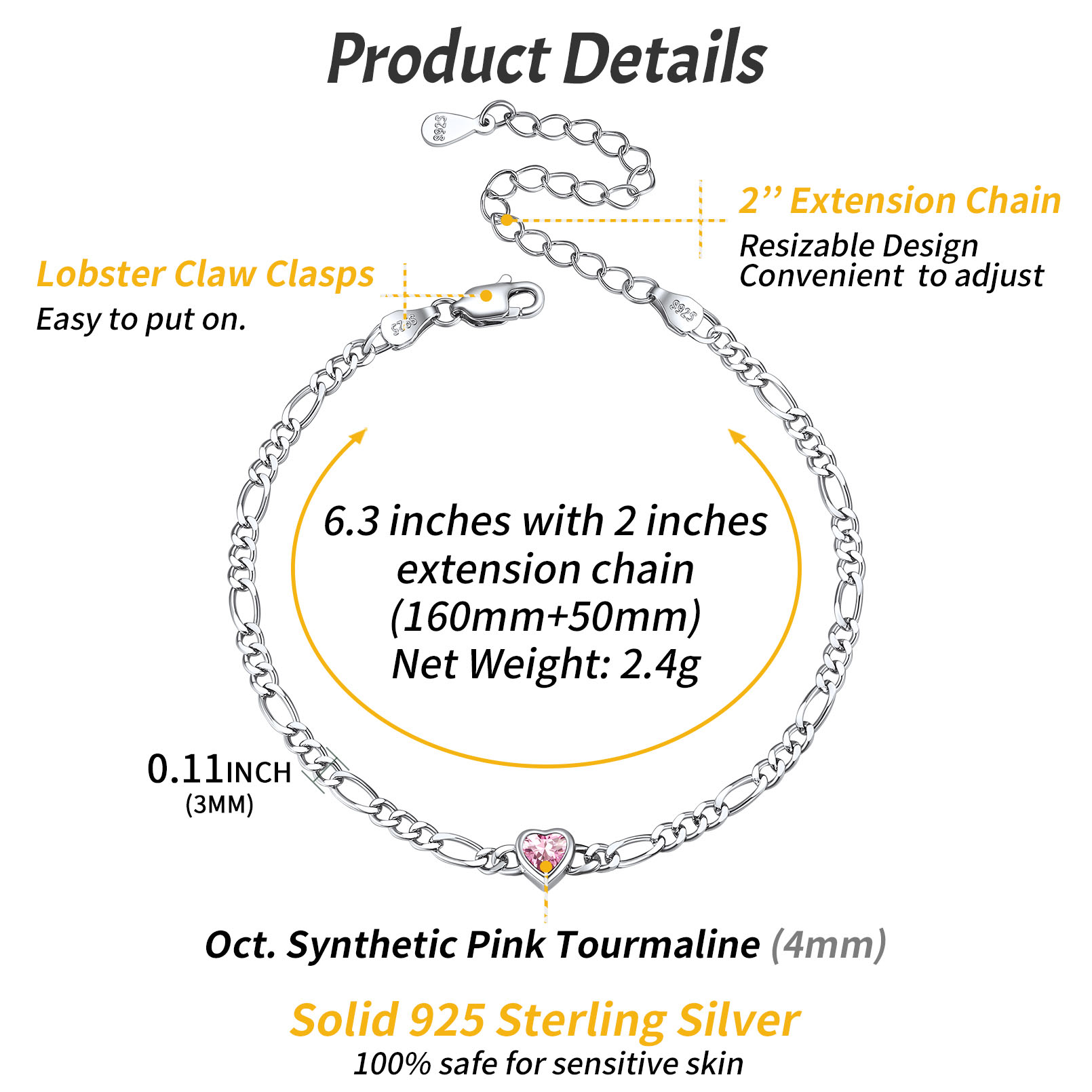 Sterling Silver ChicSilver Heart Oct. Birthstone Figaro Chain Bracelet Details: Dimensions, Hypoallergenic, Lobster-Claw-Clasps