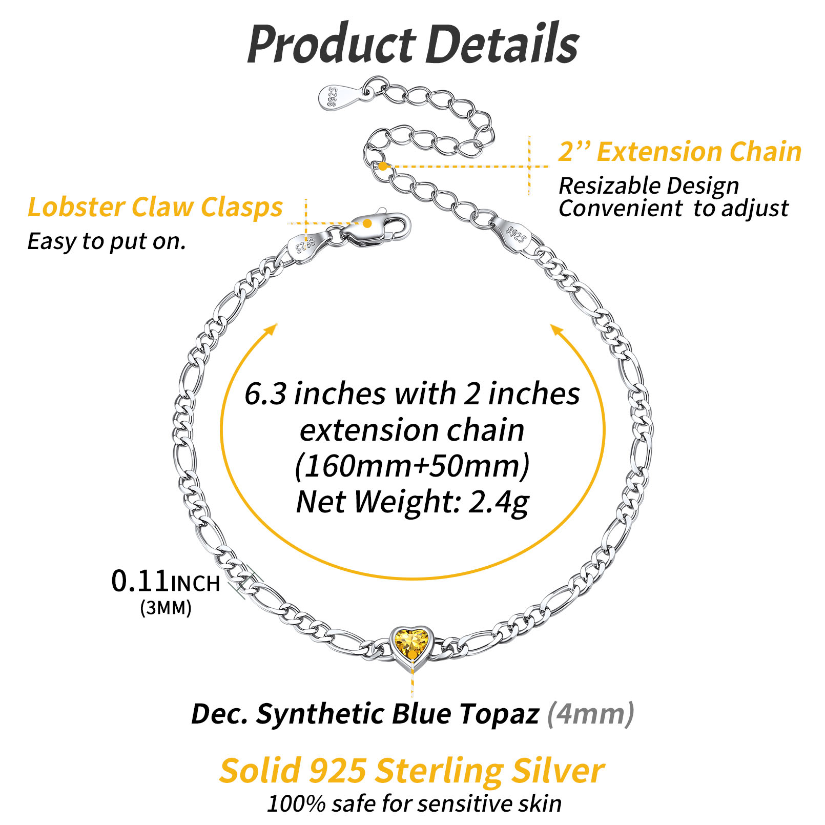 Sterling Silver ChicSilver Heart Nov. Birthstone Figaro Chain Bracelet Details: Dimensions, Hypoallergenic, Lobster-Claw-Clasps