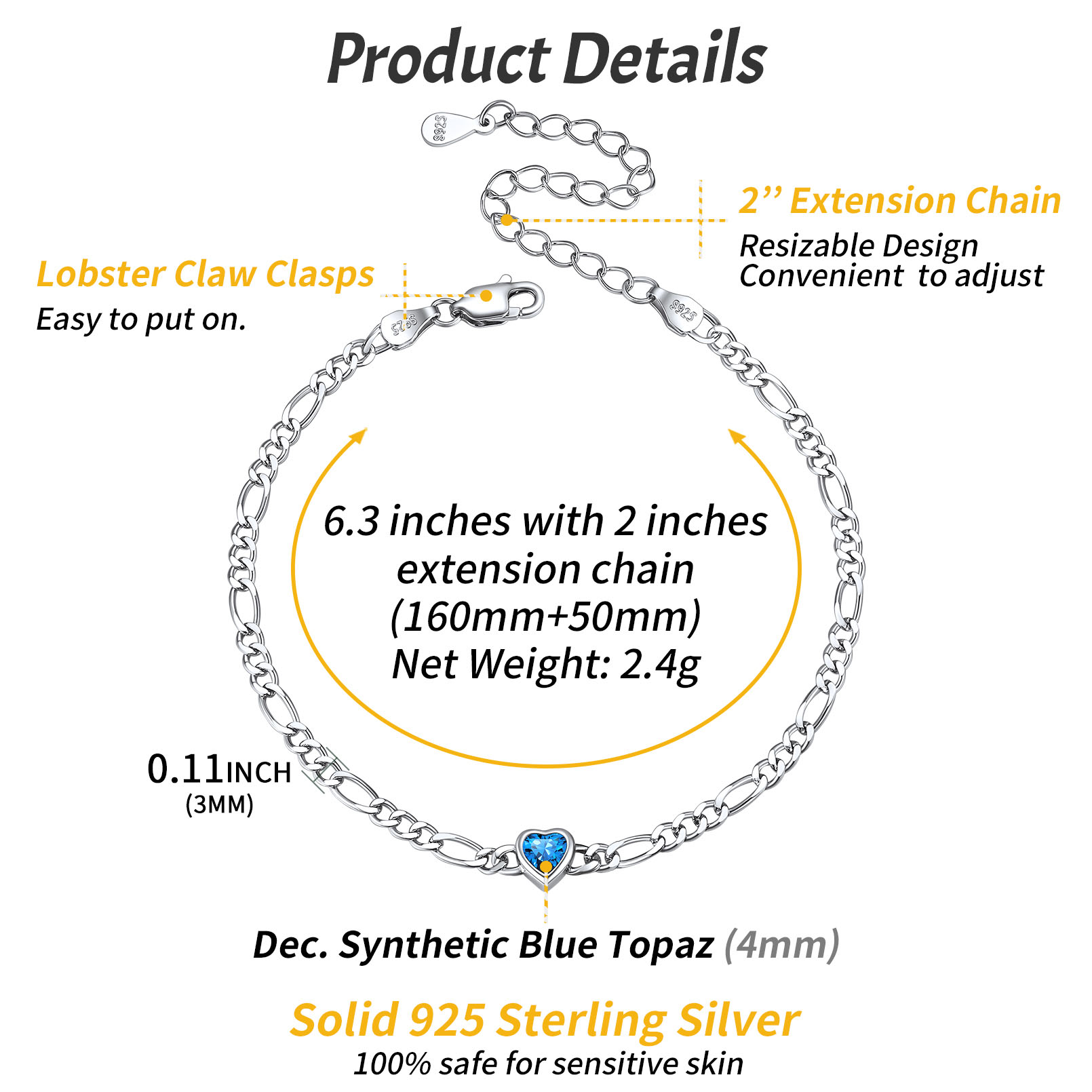 Sterling Silver ChicSilver Heart Dec. Birthstone Figaro Chain Bracelet Details: Dimensions, Hypoallergenic, Lobster-Claw-Clasps