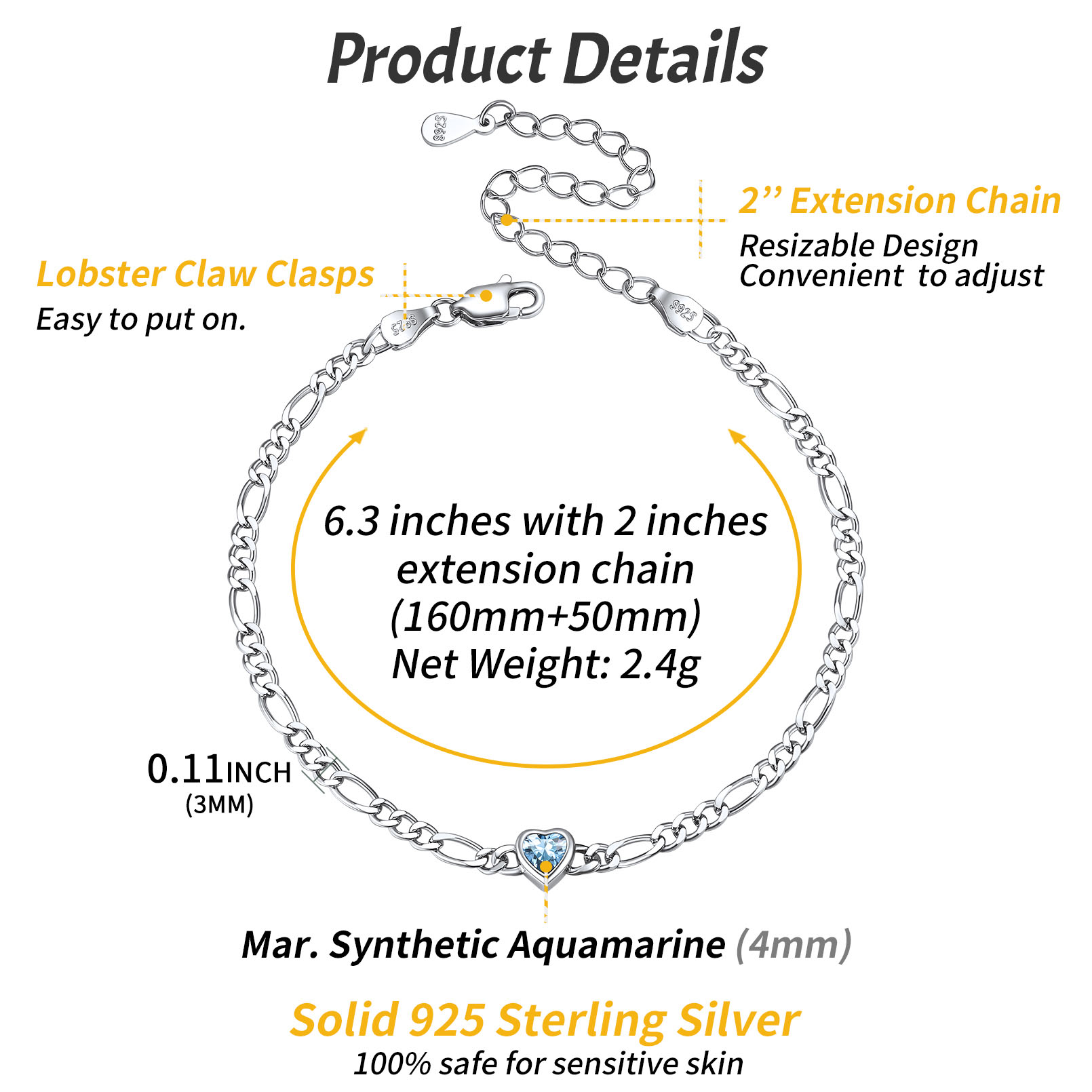 Sterling Silver ChicSilver Heart Mar. Birthstone Figaro Chain Bracelet Details: Dimensions, Hypoallergenic, Lobster-Claw-Clasps