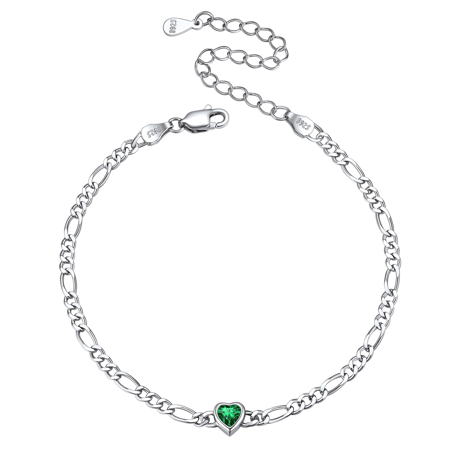 Heart Birthstone Figaro Chain Bracelet 