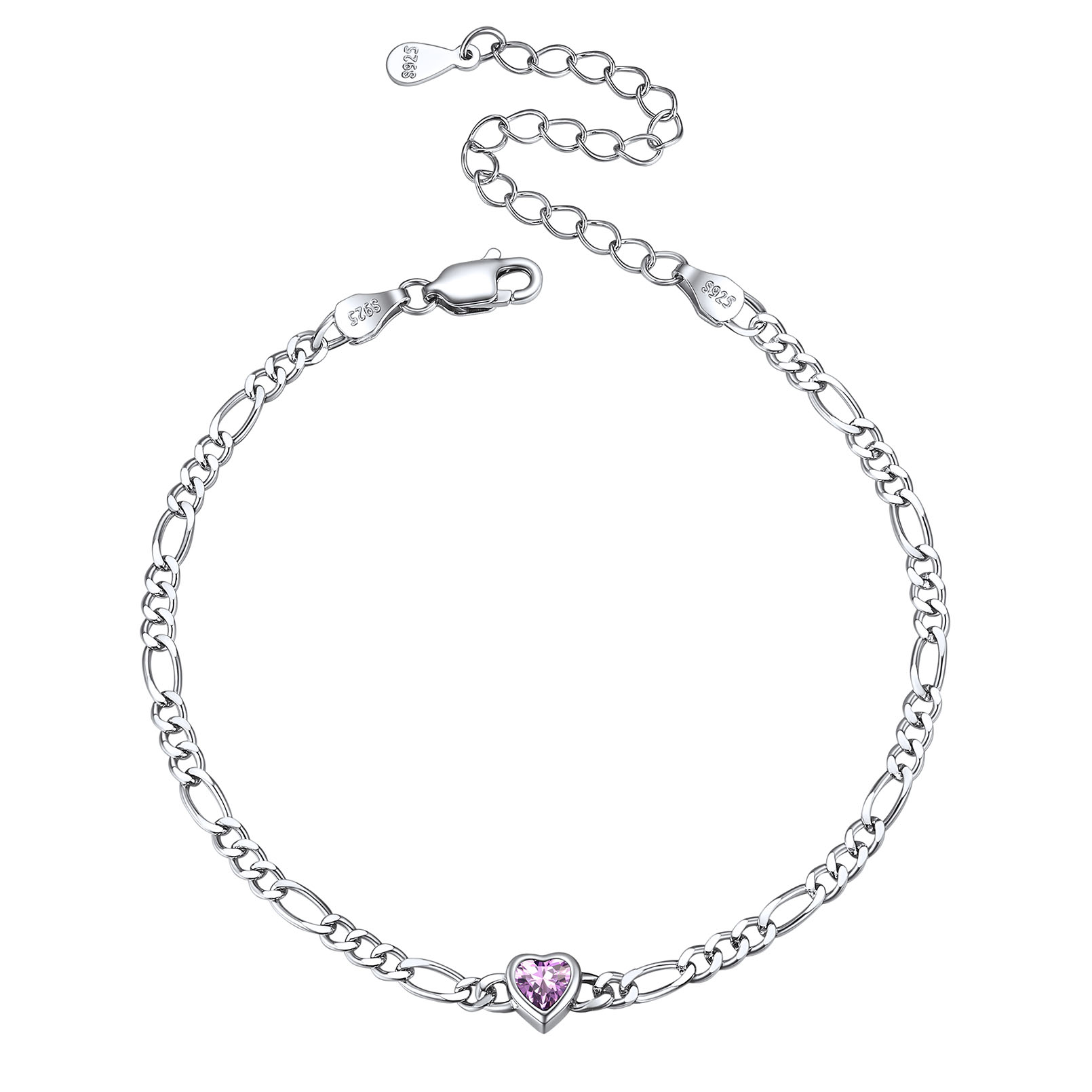 Heart Birthstone Figaro Chain Bracelet 