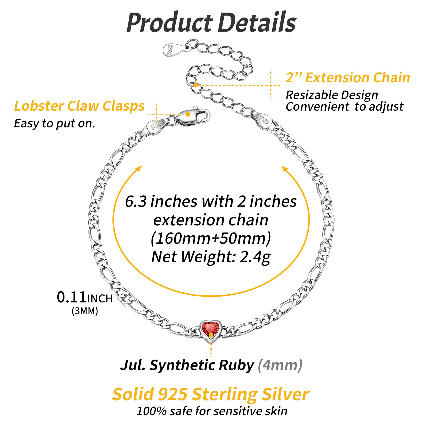Sterling Silver ChicSilver Heart Jul. Birthstone Figaro Chain Bracelet Details: Dimensions, Hypoallergenic, Lobster-Claw-Clasps