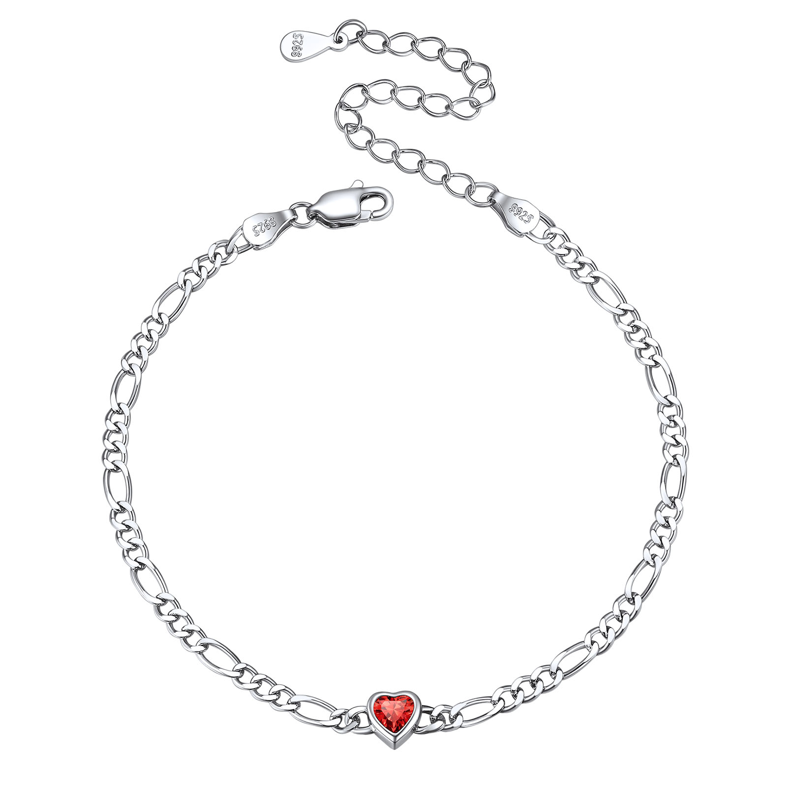 Heart Birthstone Figaro Chain Bracelet 