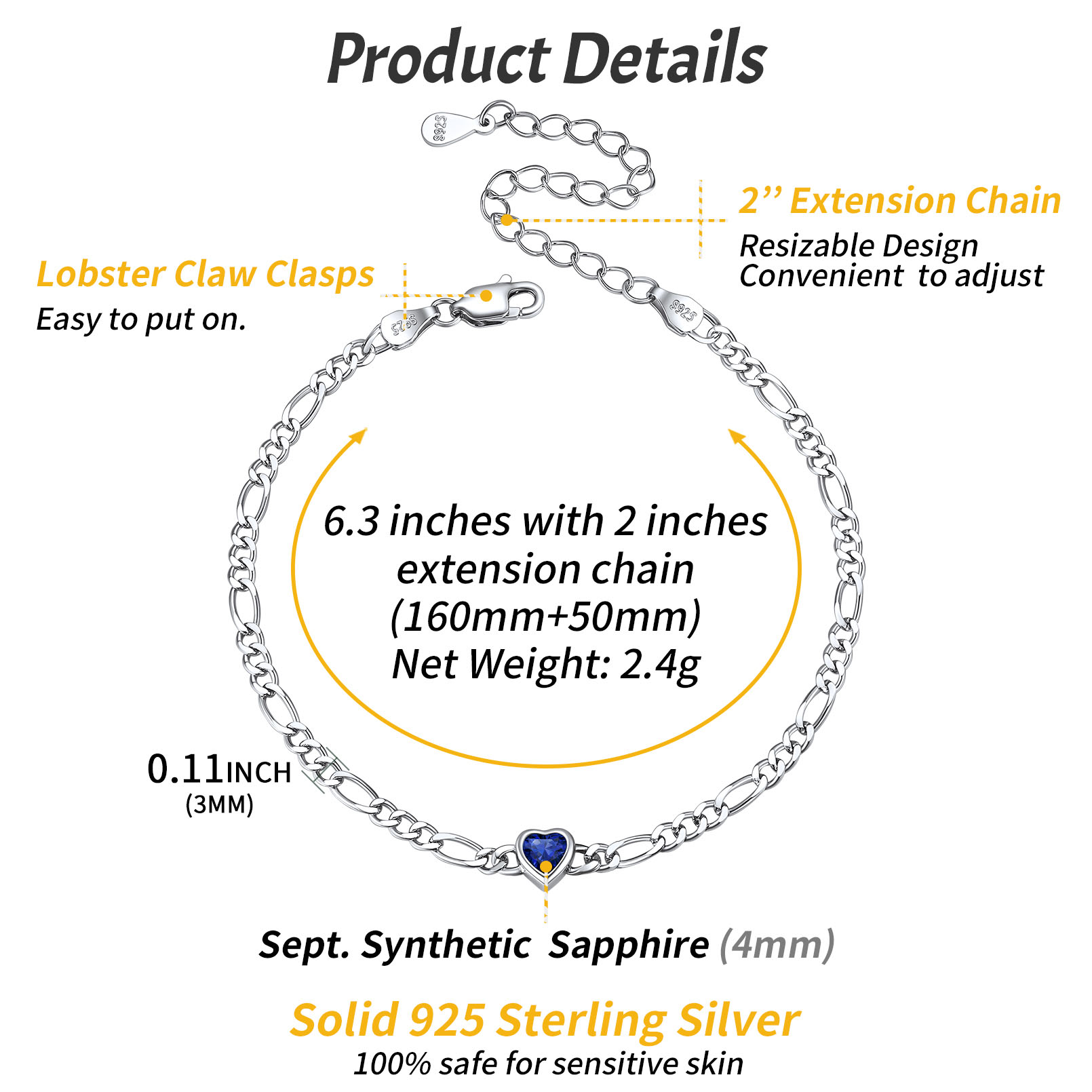 Sterling Silver ChicSilver Heart Sept. Birthstone Figaro Chain Bracelet Details: Dimensions, Hypoallergenic, Lobster-Claw-Clasps
