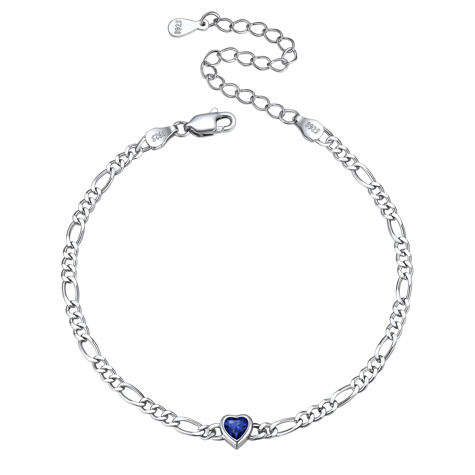 Heart Birthstone Figaro Chain Bracelet 