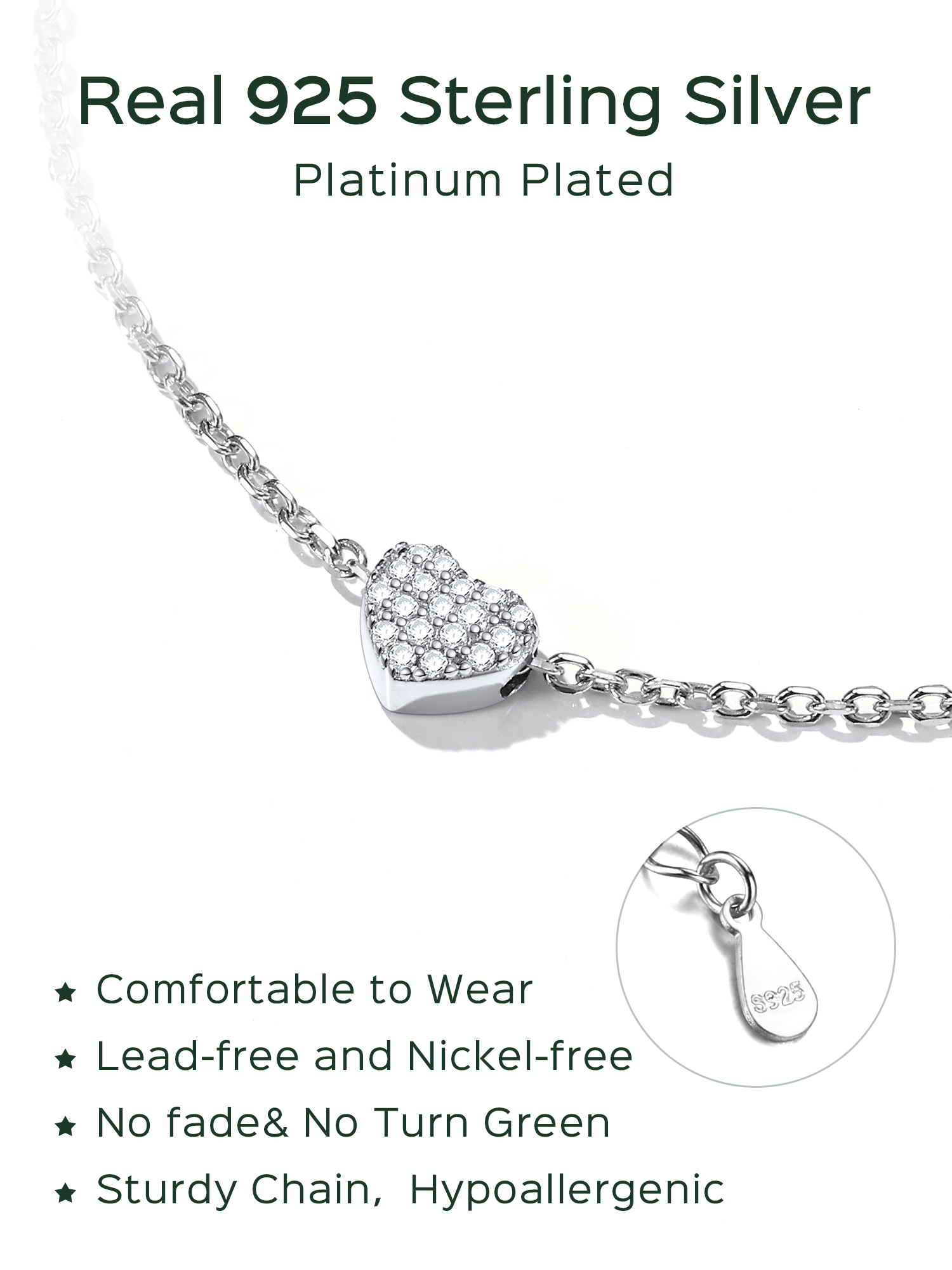 Dainty Heart Hypoallergenic Pave Cubic Zirconia Bracelet