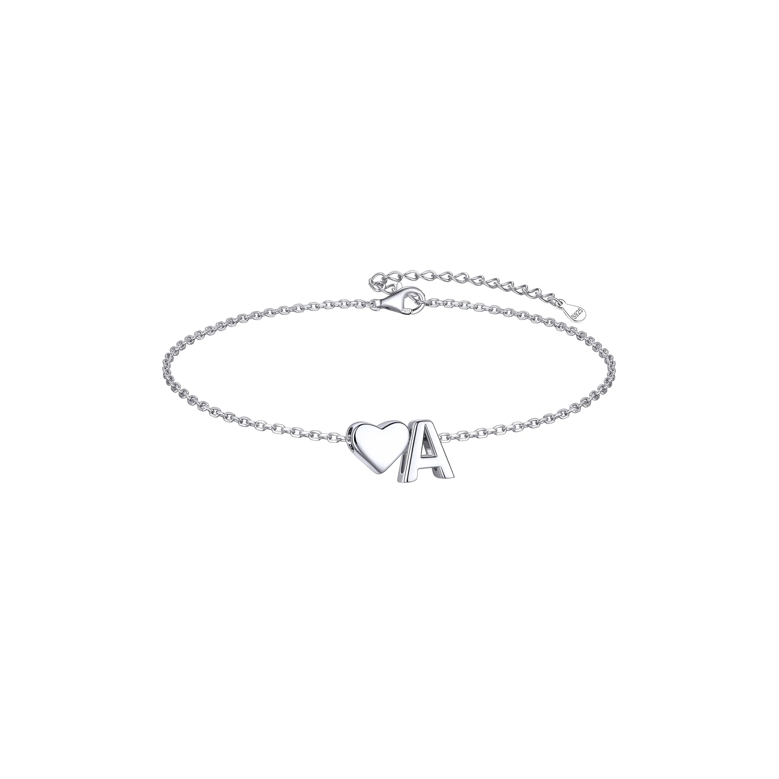 Sterling Silver Classic Initial Letters with Heart Bracelet for Women