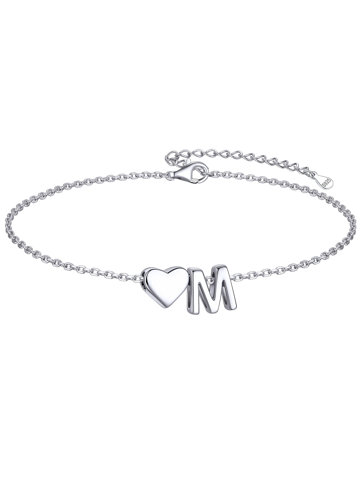 Classic Initial Letters with Heart Bracelet, sterling silver jewlery, initial bracelet, gift idea
