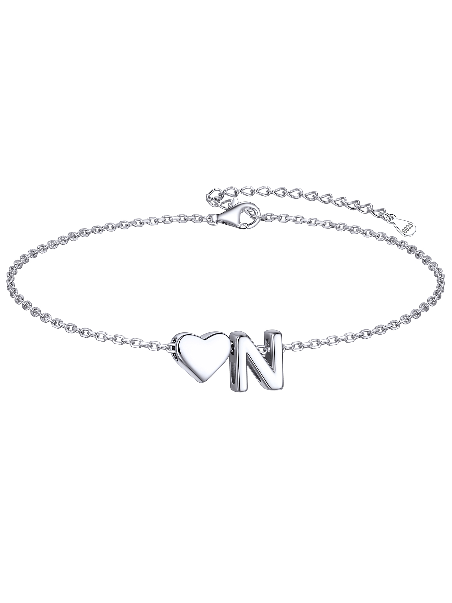 Classic Initial Letters with Heart Bracelet, sterling silver jewlery, initial bracelet, gift idea