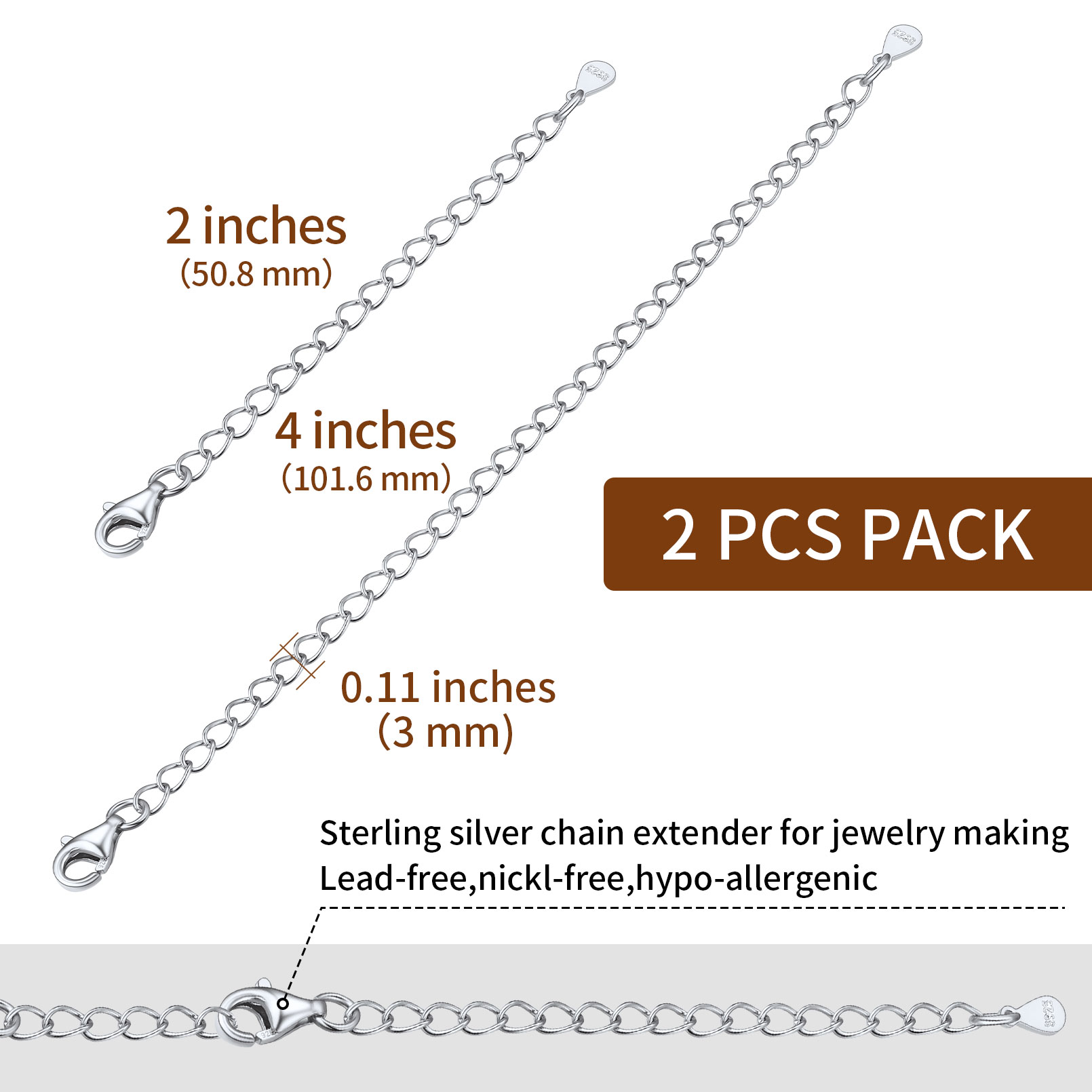 2Pcs Necklace Extenders with Double Lobster Clasp Details: Dimensions, Hypoallergenic, Lobster-Claw-Clasps