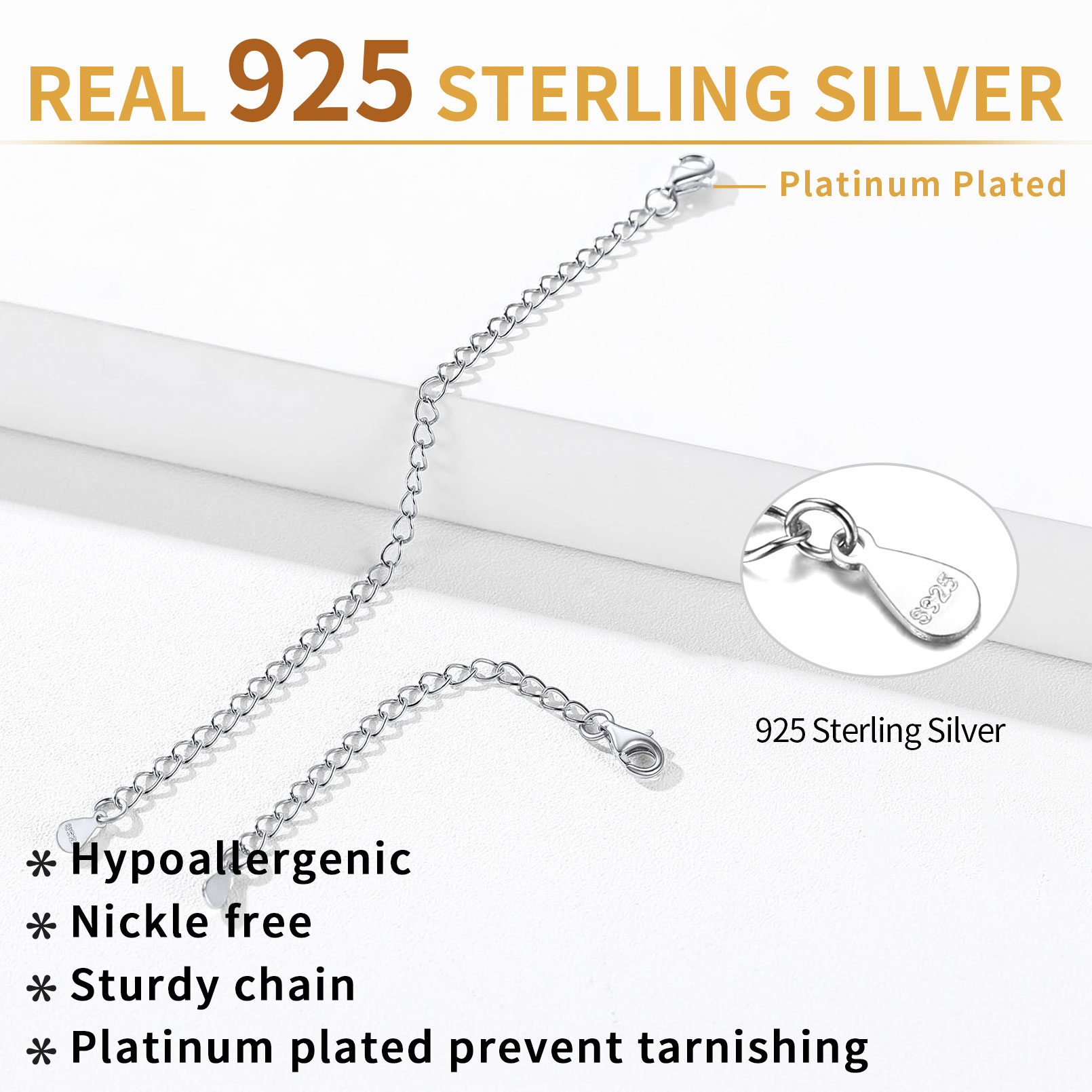 Sterling Silver 2Pcs Necklace Extenders with Double Lobster Clasp 