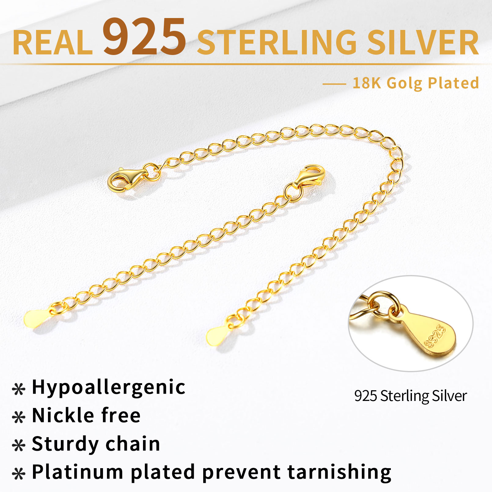 Sterling Silver 2Pcs Necklace Extenders with Double Lobster Clasp 