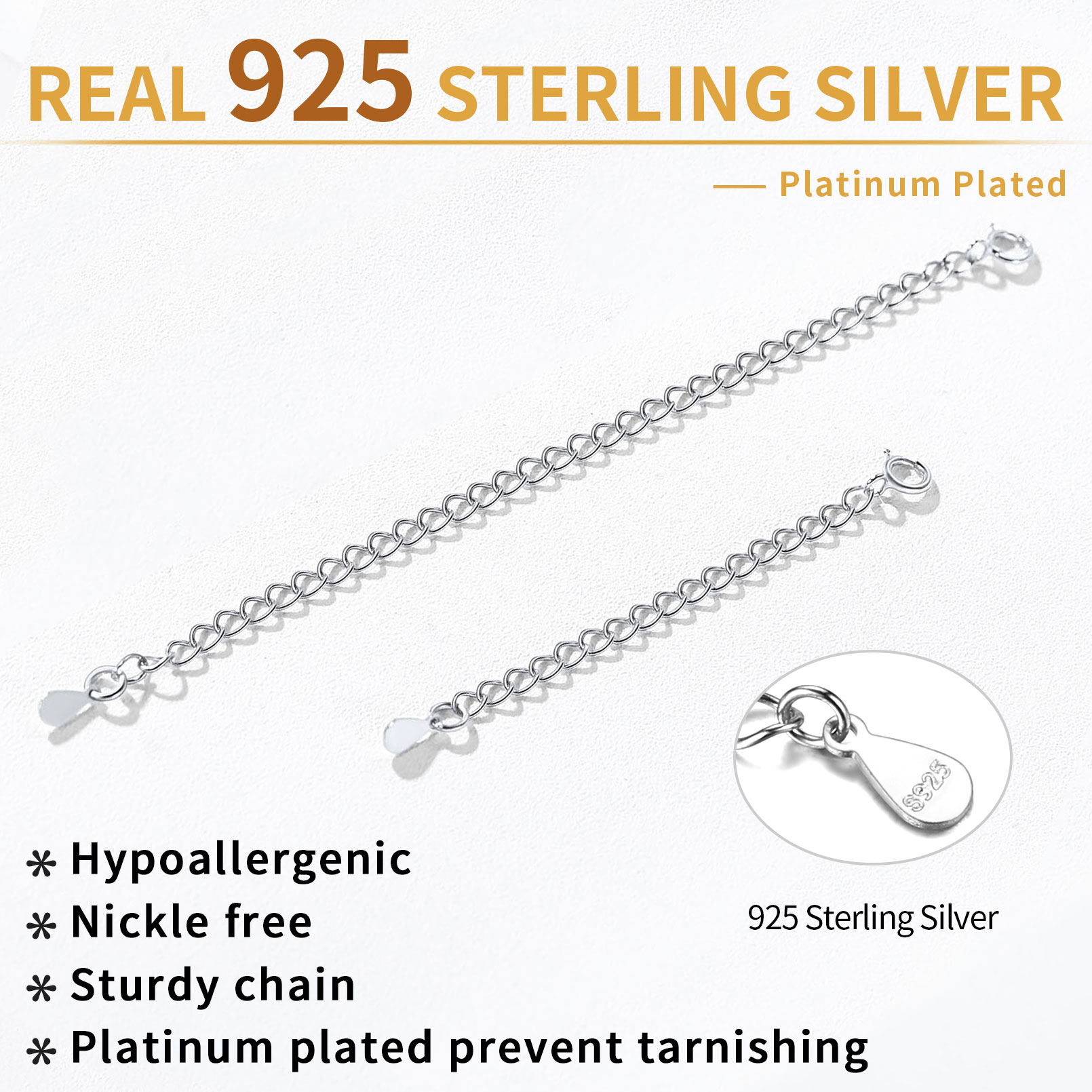 ChicSilver 2 Pcs Hypoallergenic  Sterling Silver Necklace Durable Extenders