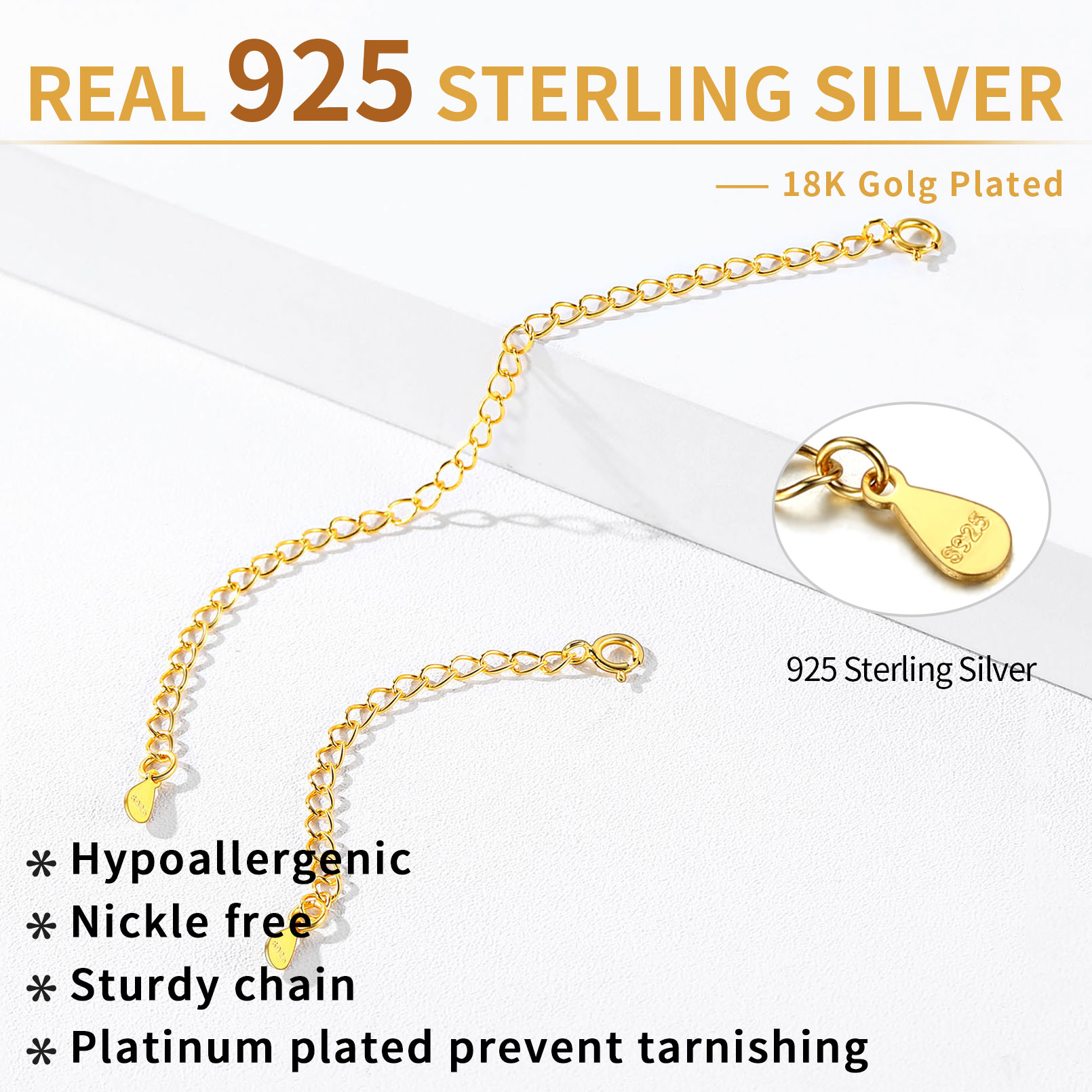 ChicSilver 2 Pcs Hypoallergenic  Sterling Silver Necklace Durable Extenders