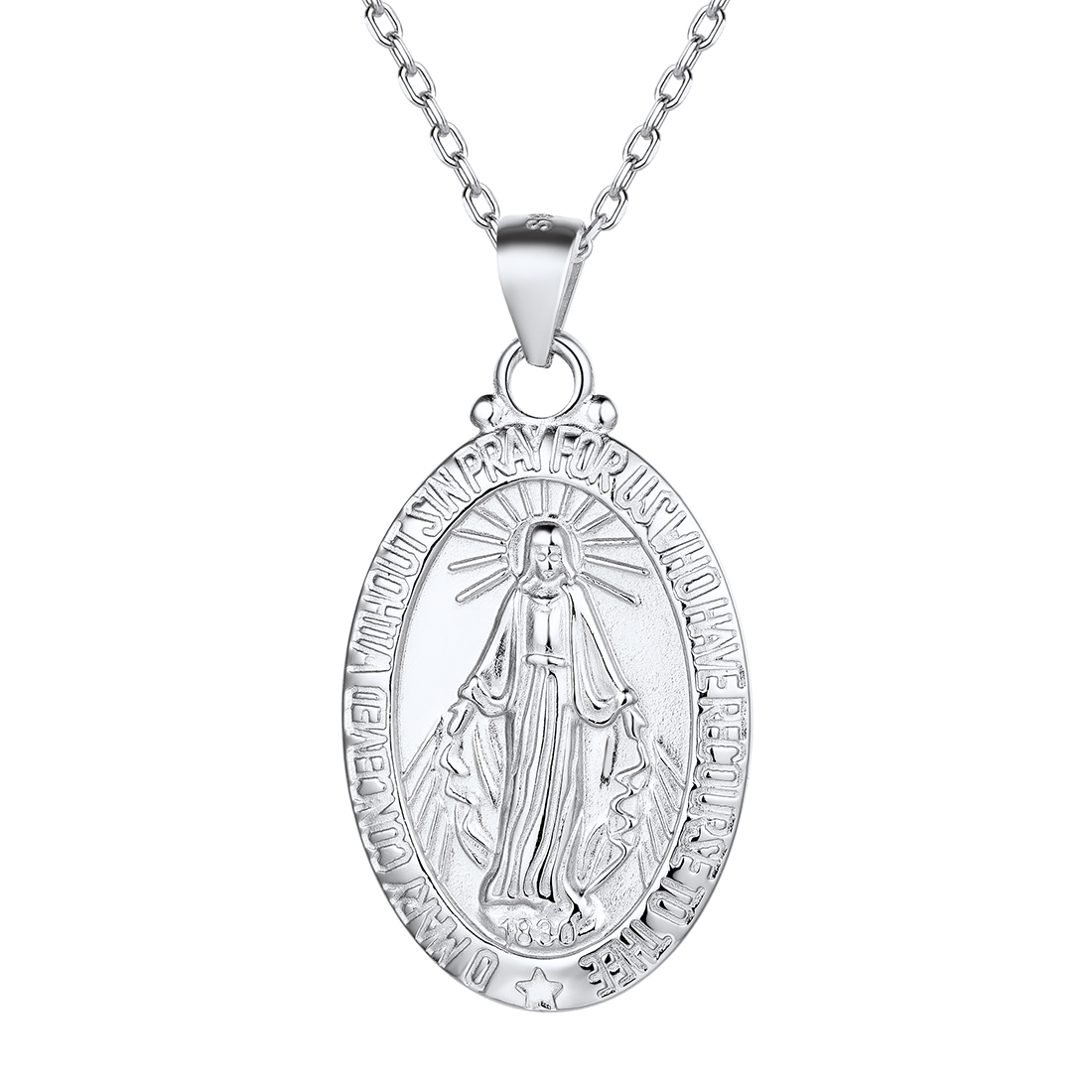 Religious Christian Oval Medal Virgin Mary Necklace, Silver Color