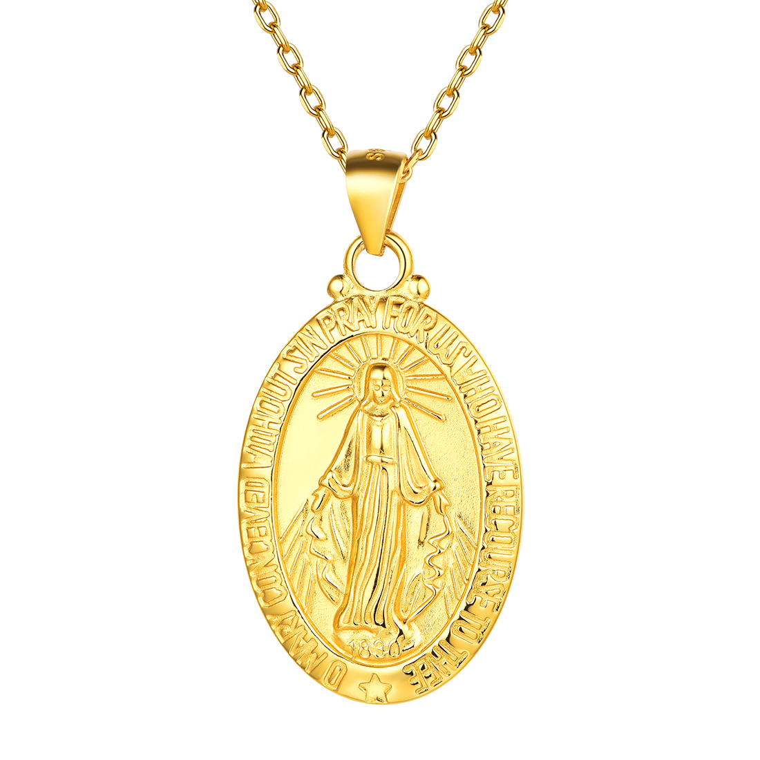 Religious Christian Oval Medal Virgin Mary Necklace for Men & Women, Gold Color