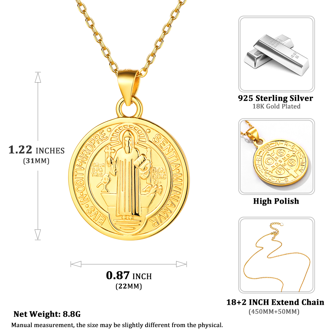 Sterling Silver ChicSilver Saint Benedict Michael Medal Necklace Details: Dimensions, Hypoallergenic, Lobster-Claw-Clasps