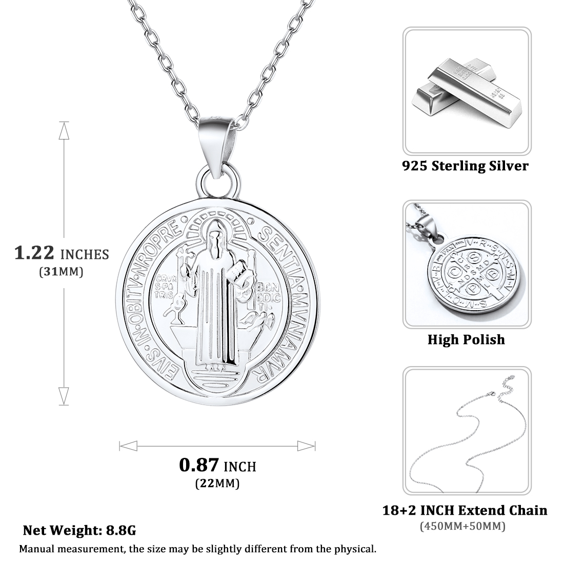 Sterling Silver ChicSilver Saint Benedict Michael Medal Necklace Details: Dimensions, Hypoallergenic, Lobster-Claw-Clasps