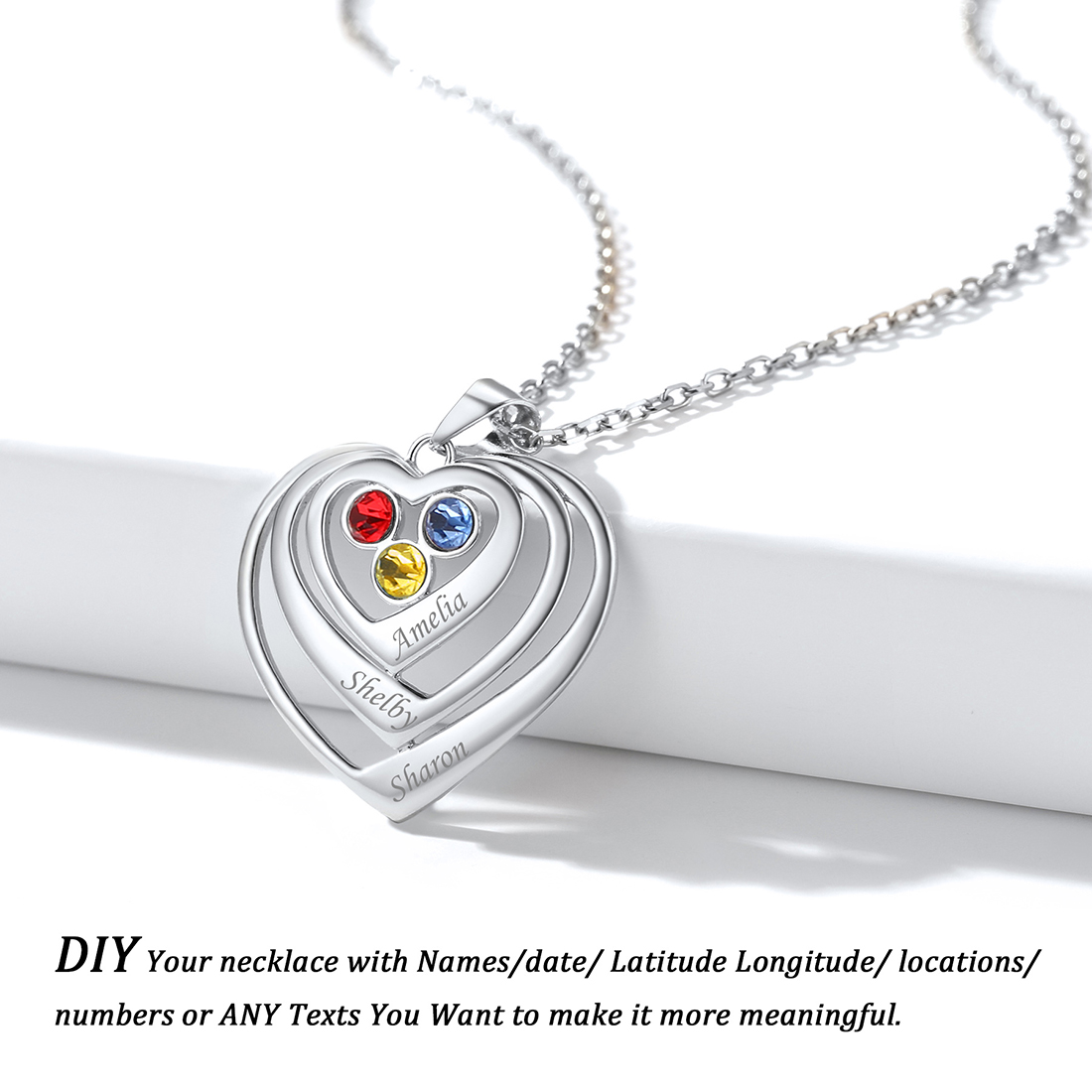 Personalized Heart surround Birthstone Engraved Necklace