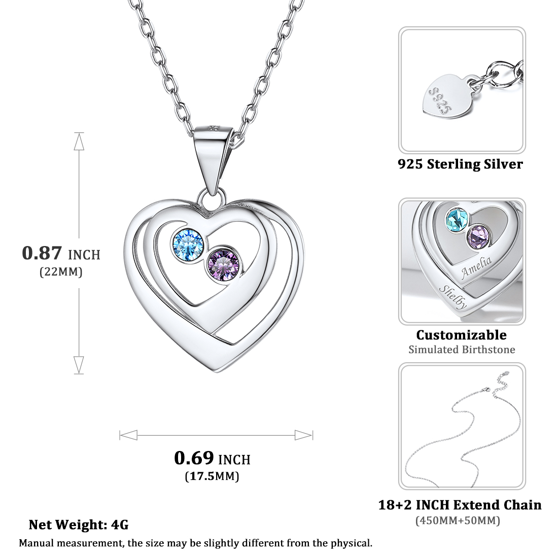 Sterling Silver Heart surround Birthstone Engraved Necklace
