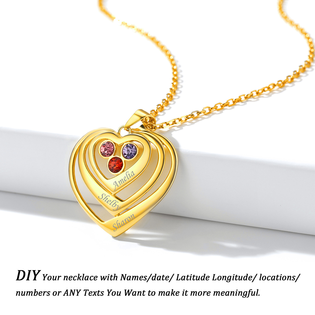 Personalized Heart surround Birthstone Engraved Necklace