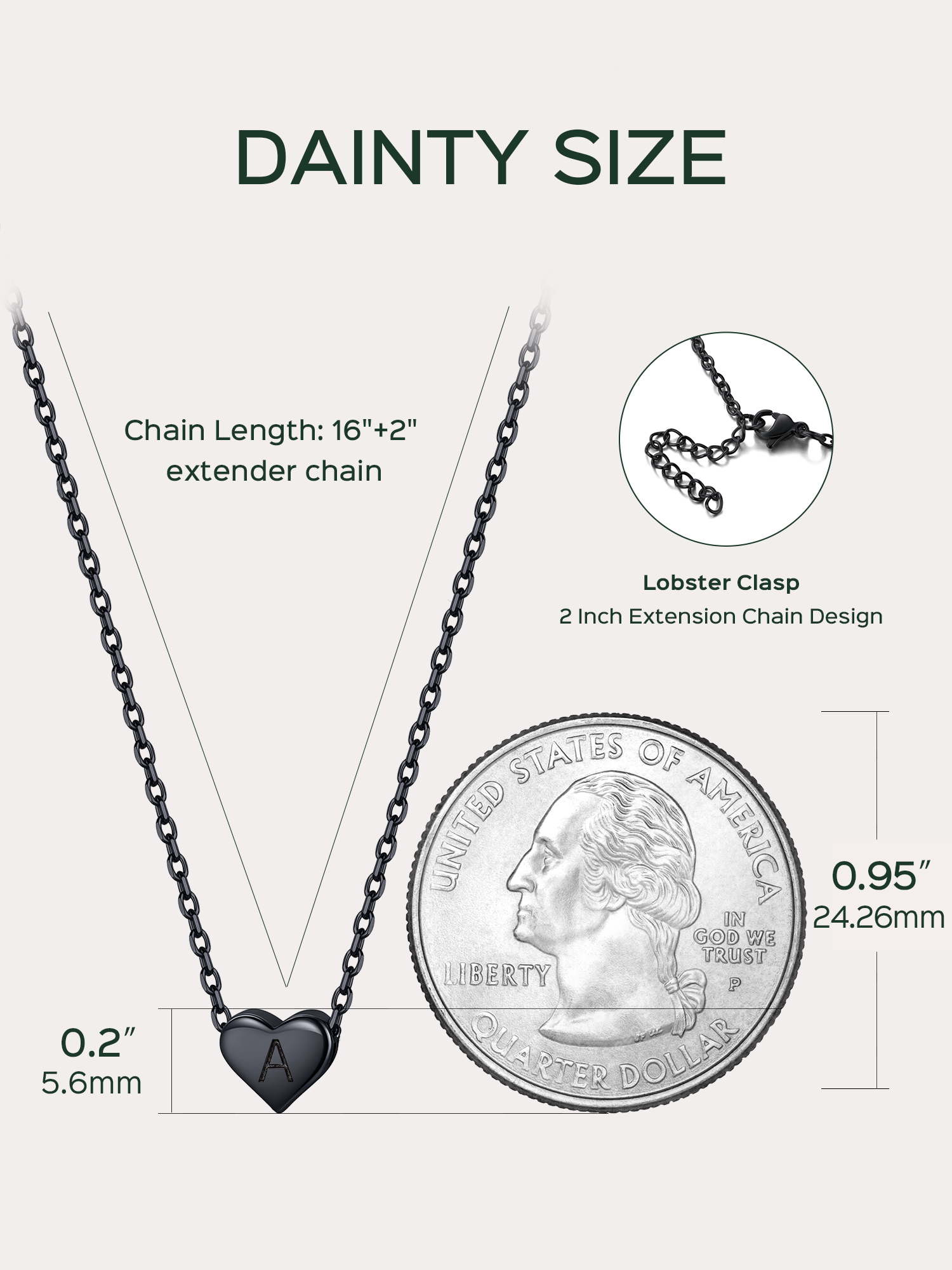 A-Black Initial Small Heart Pendant Necklace for Women Girls, sterling silver jewlery, heart necklace, initial necklace, gift idea,  A to Z  jewelry, sterling silver necklace chain