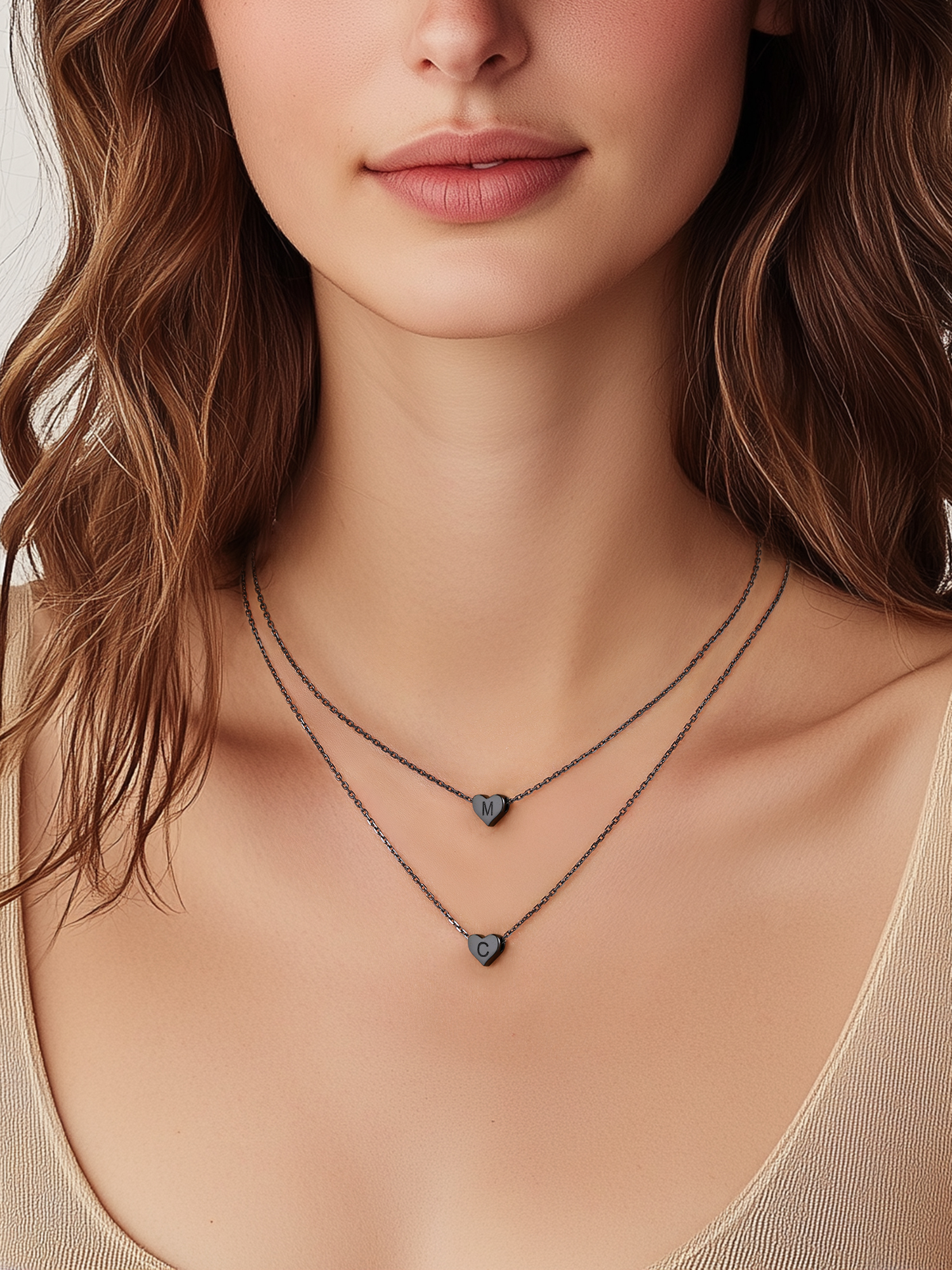 Black Initial Small Heart Pendant Necklace for Women Girls, sterling silver jewlery, heart necklace, initial necklace, gift idea,  A to Z  jewelry, sterling silver necklace chain