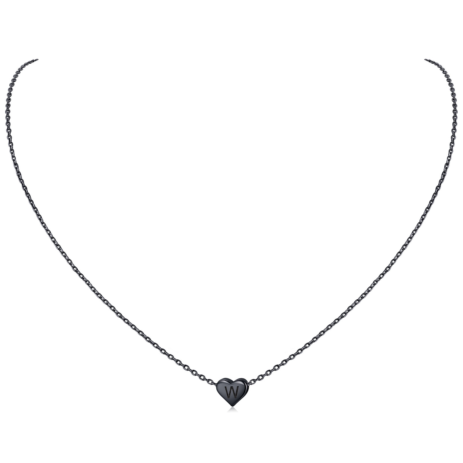 W-Black Initial Small Heart Pendant Necklace for Women Girls, sterling silver jewlery, heart necklace, initial necklace, gift idea,  A to Z  jewelry, sterling silver necklace chain