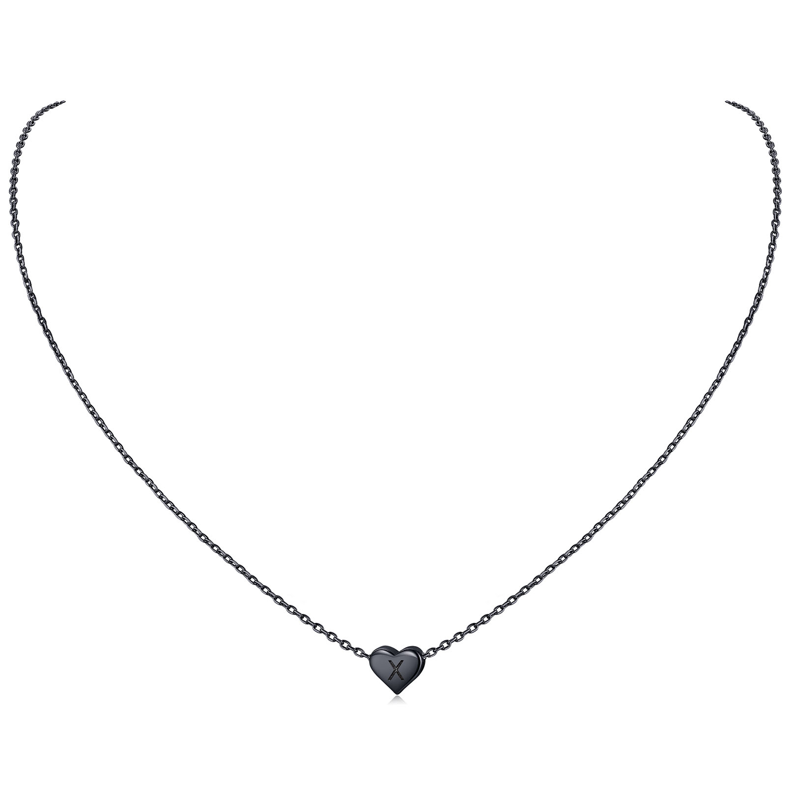 X-Black Initial Small Heart Pendant Necklace for Women Girls, sterling silver jewlery, heart necklace, initial necklace, gift idea,  A to Z  jewelry, sterling silver necklace chain