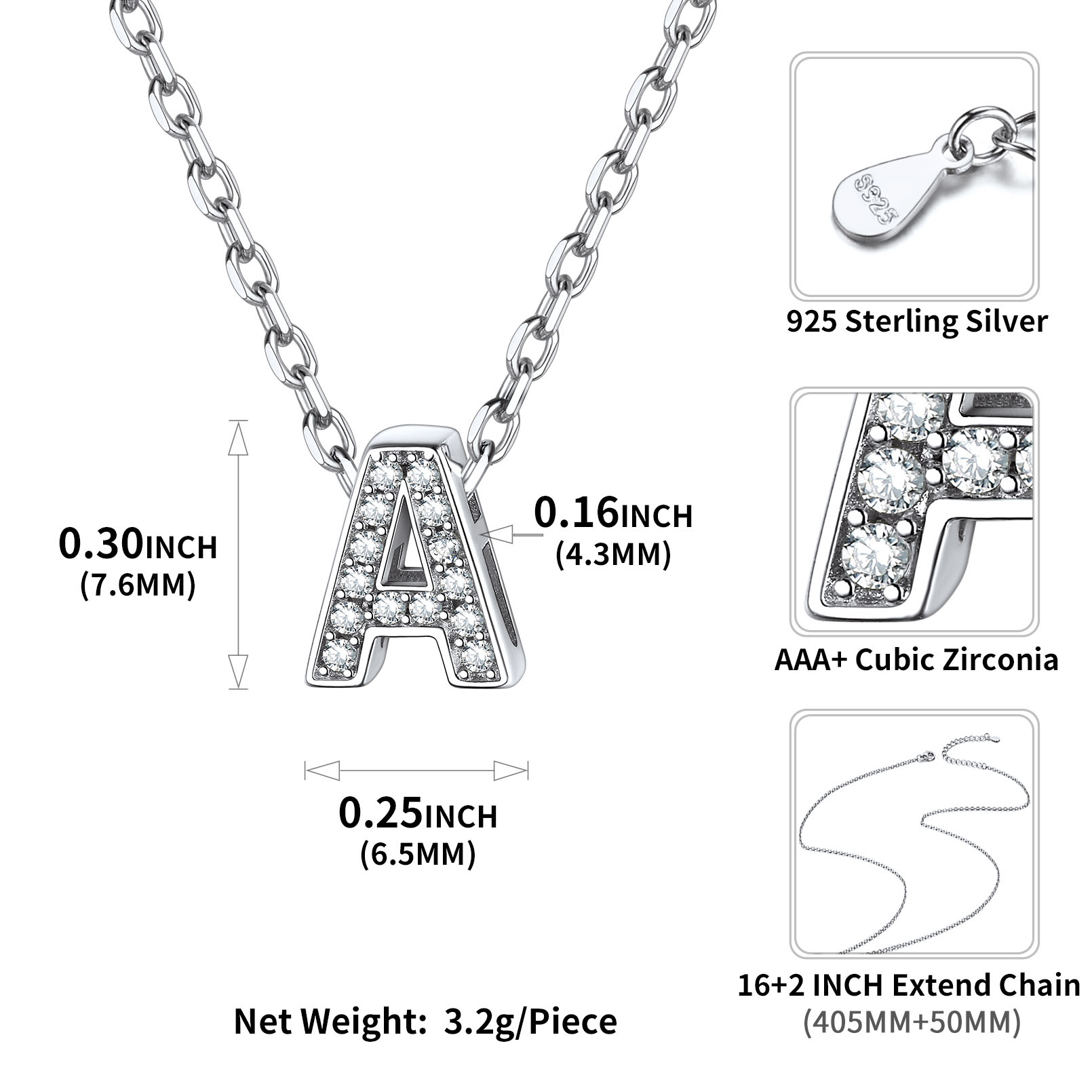 Sterling Silver ChicSilver Dainty Cubic Zirconia Initial Necklace Details: Dimensions, Hypoallergenic, Lobster-Claw-Clasps