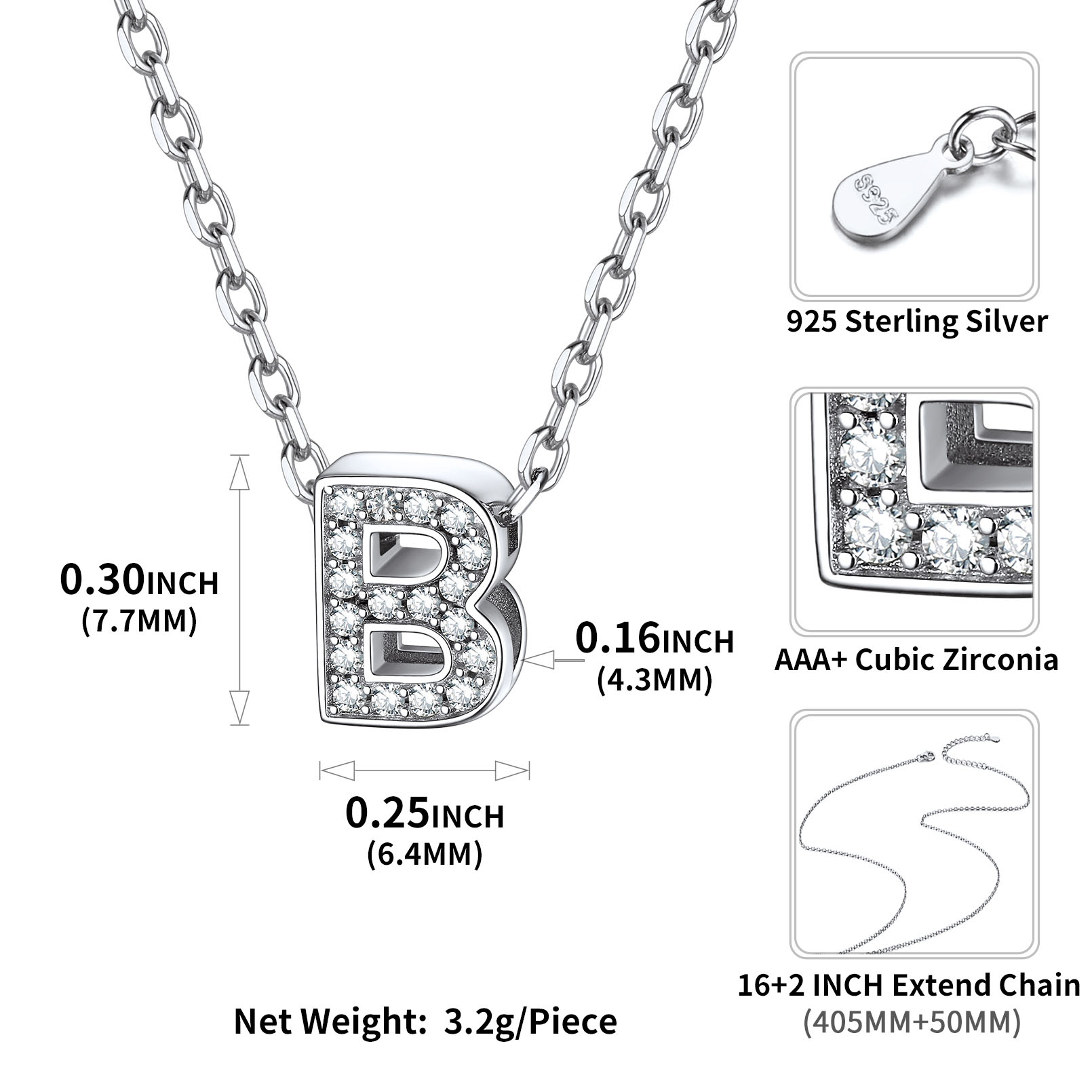 Sterling Silver ChicSilver Dainty Cubic Zirconia Initial Necklace Details: Dimensions, Hypoallergenic, Lobster-Claw-Clasps
