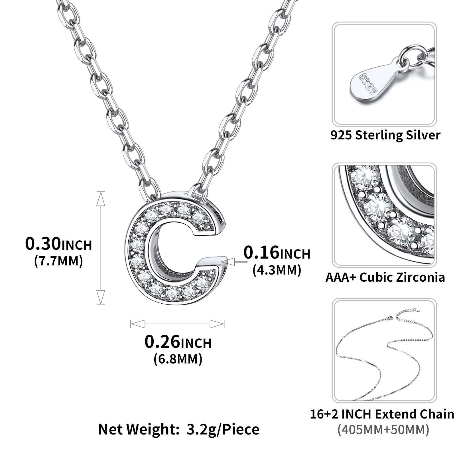 Sterling Silver ChicSilver Dainty Cubic Zirconia Initial Necklace Details: Dimensions, Hypoallergenic, Lobster-Claw-Clasps